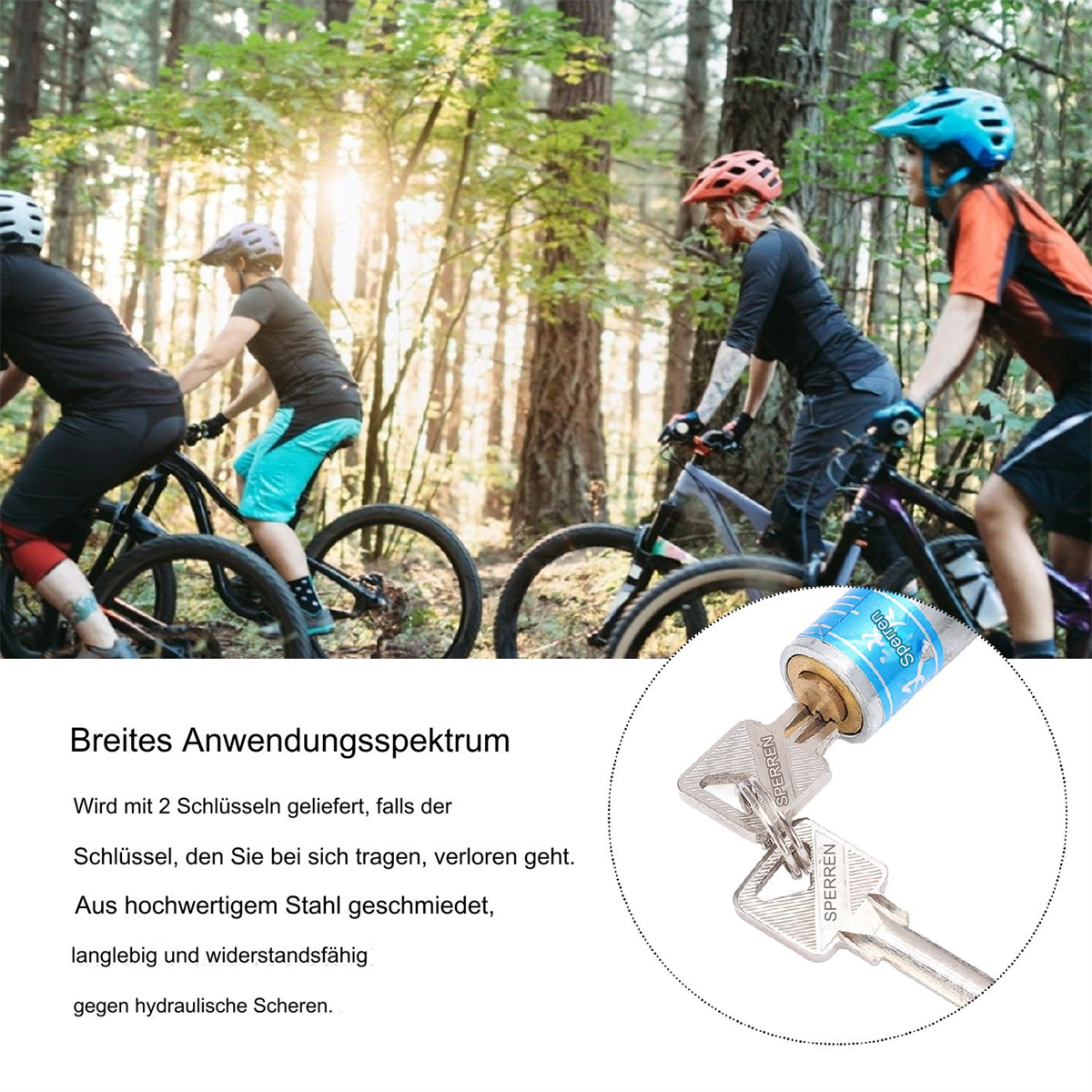 Radfahrer fahren im Wald Fahrrad. Eine Einlage zeigt ein Schloss mit Schlüsseln.