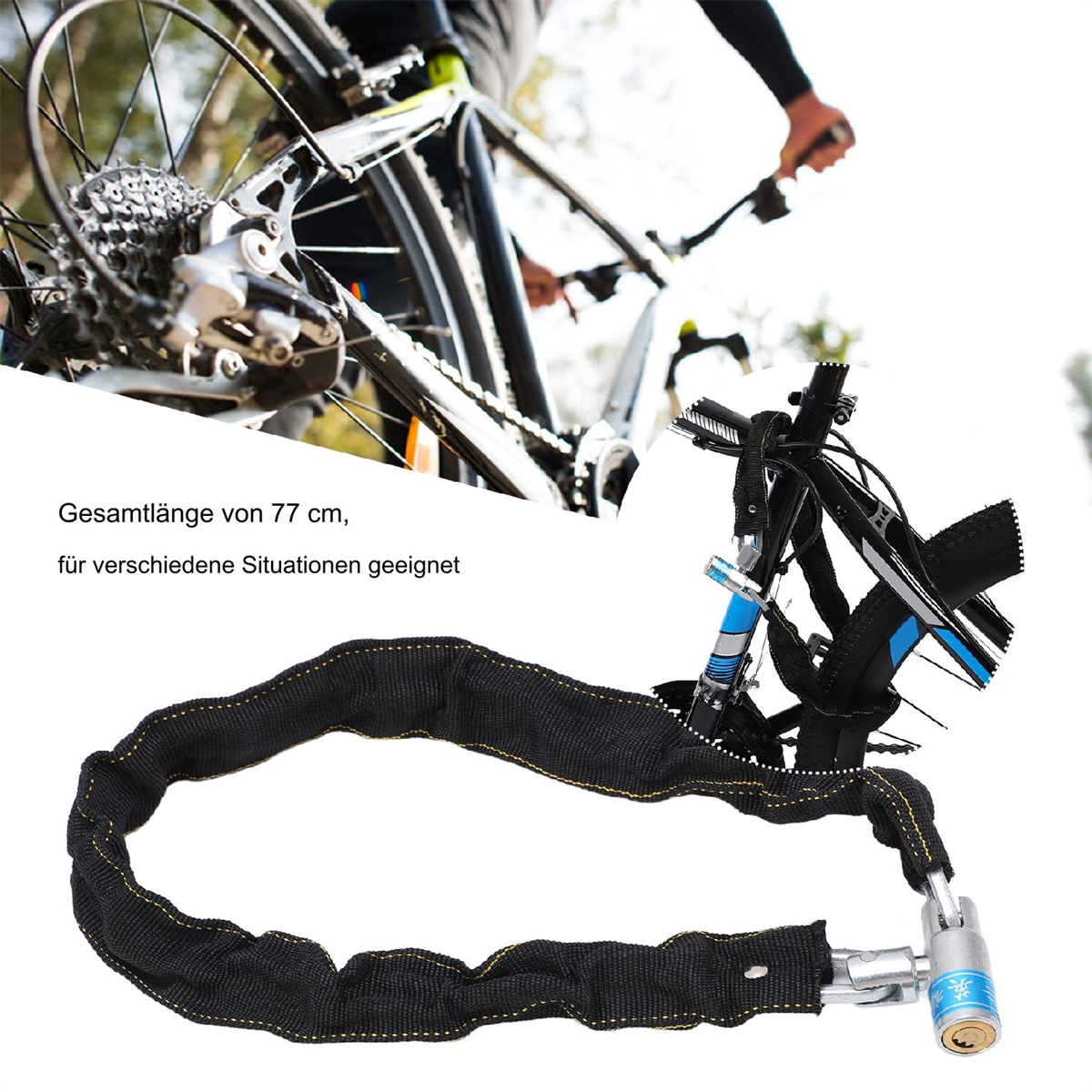 Fahrrad mit schwarzem Kettenschloss gesichert. Eine Person hält den Lenker. Text über die Länge des Schlosses.