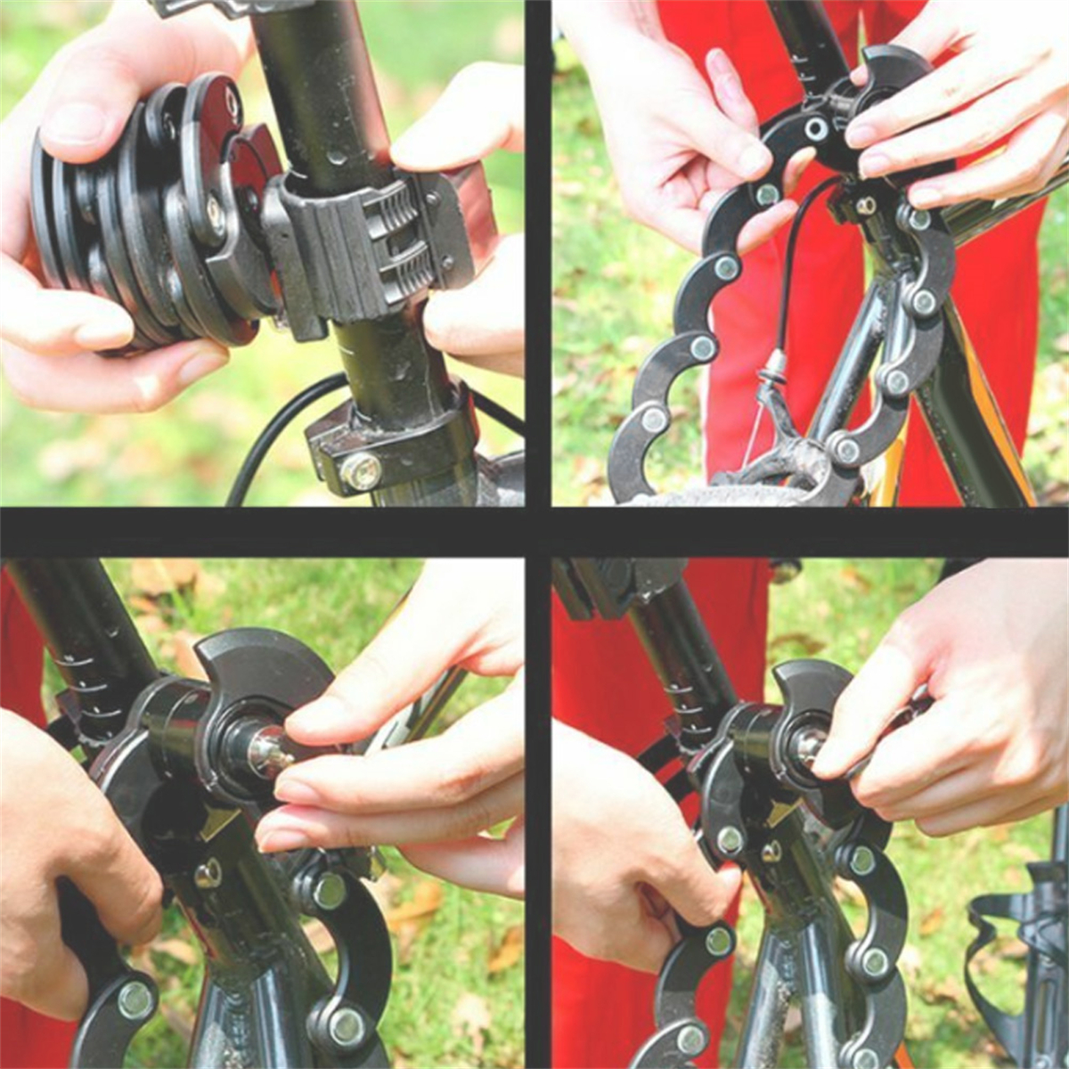 Vier Bilder, die die Schritte zur Installation eines Fahrrad-Scheibenbremsenschlosses an einem Fahrrad zeigen.
