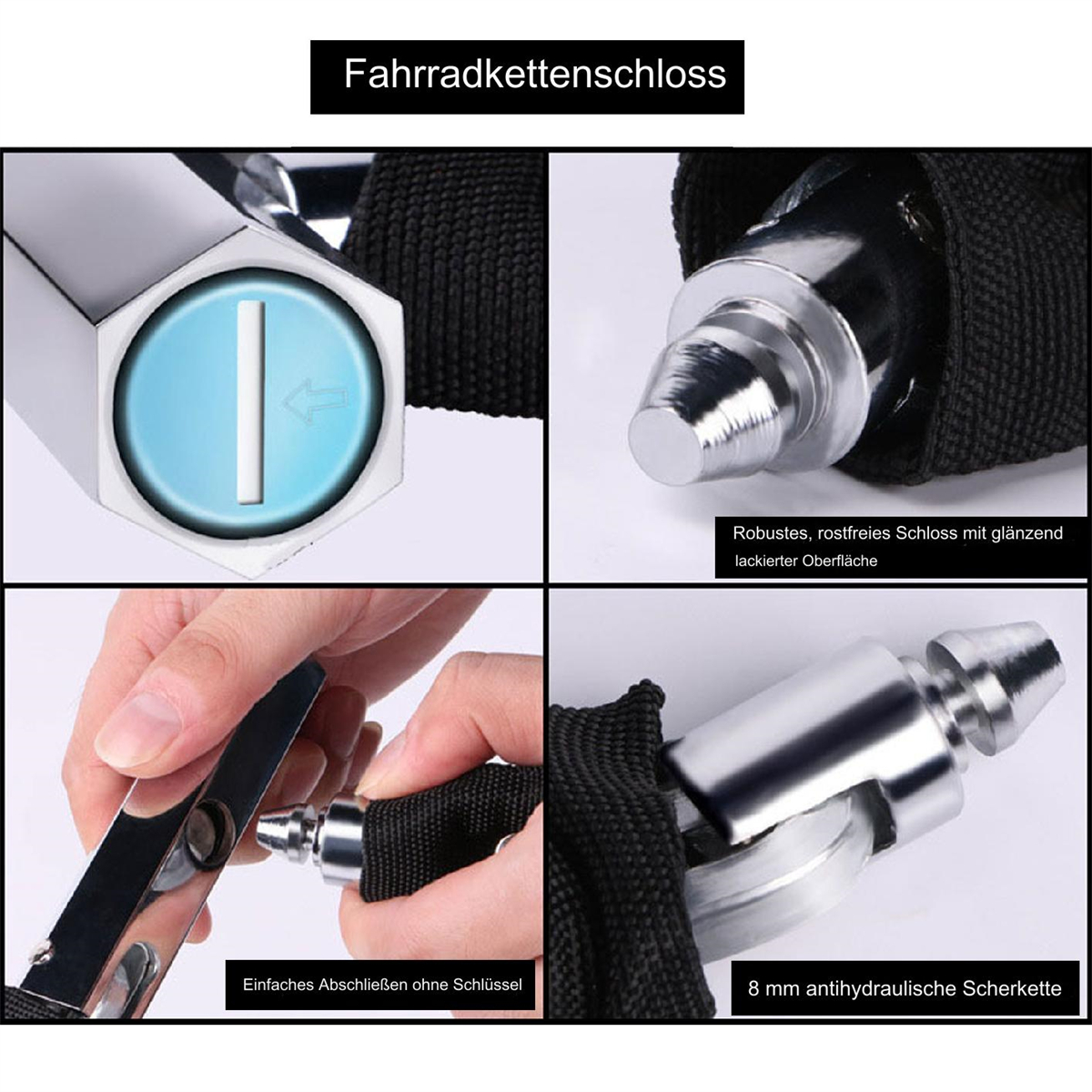 Eine Collage eines Fahrradschlosses mit Text auf Deutsch, Nahaufnahmen einer schwarzen Kette und Schlüssellochdetails.