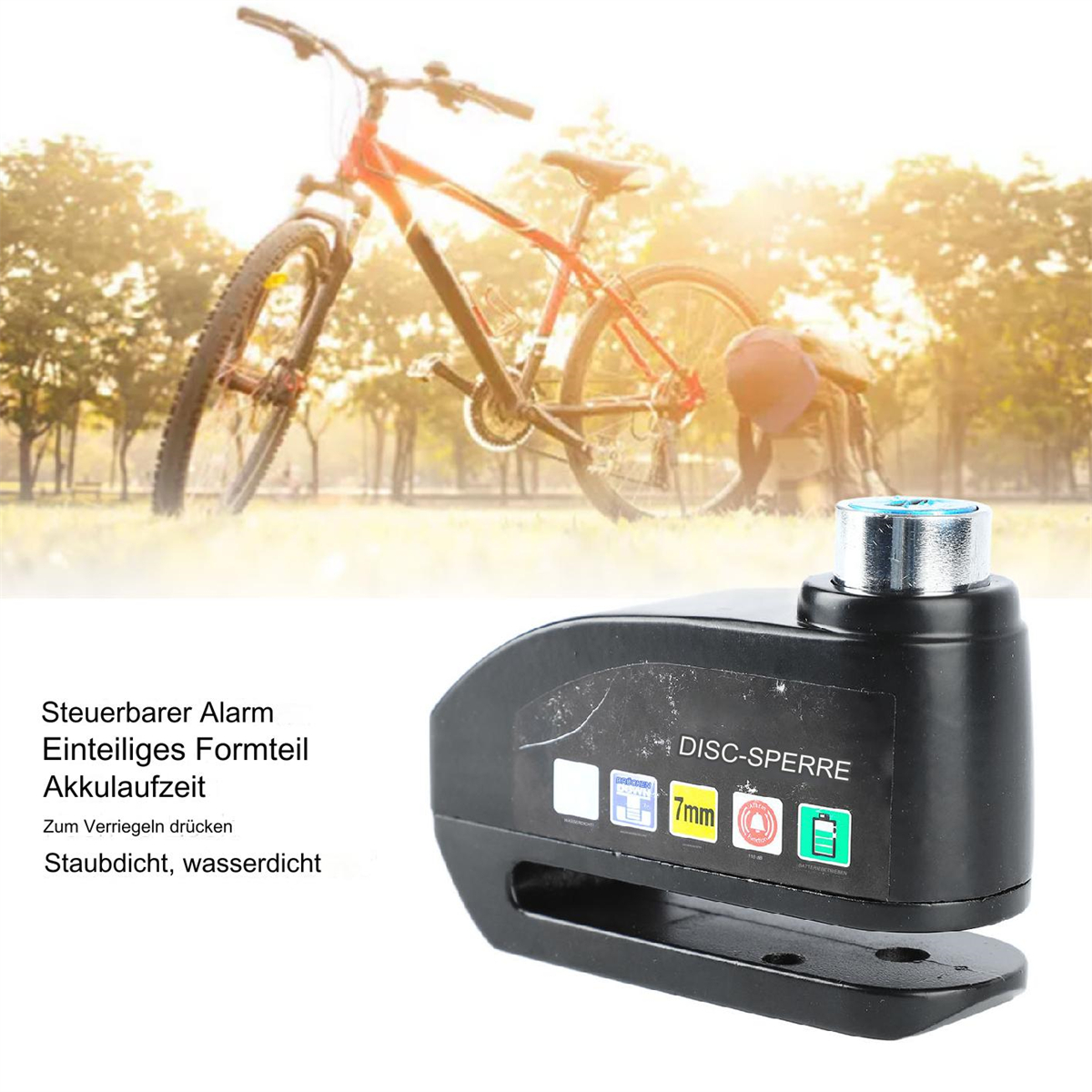 Schwarzes Scheibenbremsschloss mit rotem Fahrrad im Hintergrund. Das Schloss ist schwarz mit etwas Text.