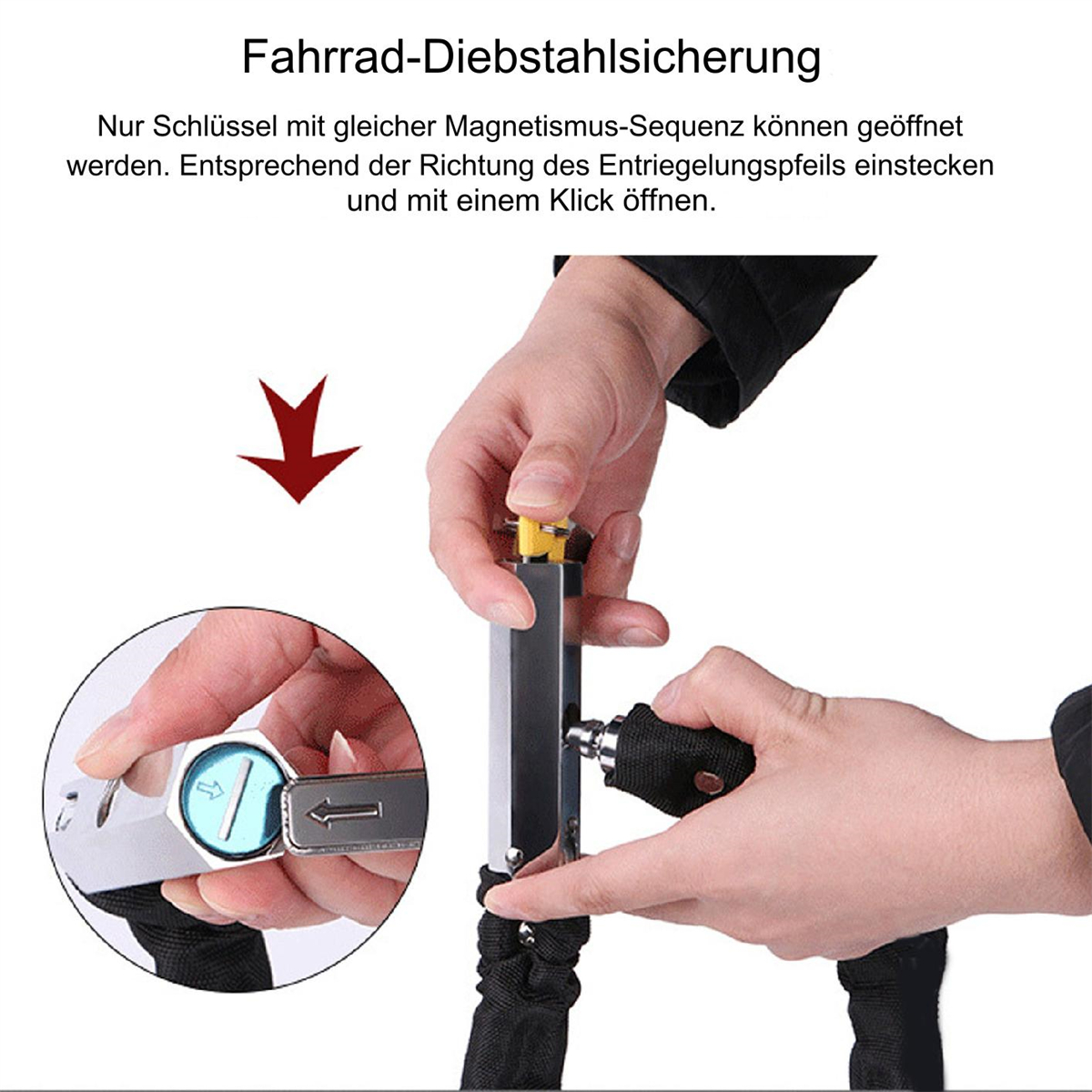 Hände einer Person, die ein Fahrradschloss mit Anweisungen verwendet. Das Schloss ist an einer Kette befestigt.
