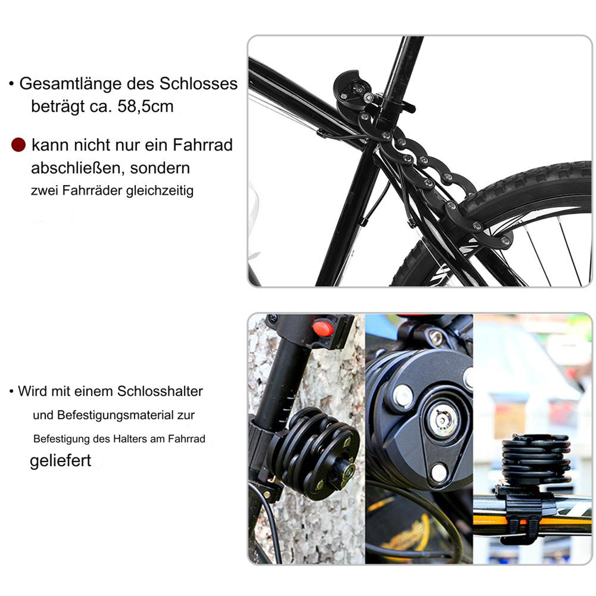 Nahaufnahme eines Fahrradschlosses und seiner Teile. Das Schloss ist an einem Fahrradrahmen befestigt.