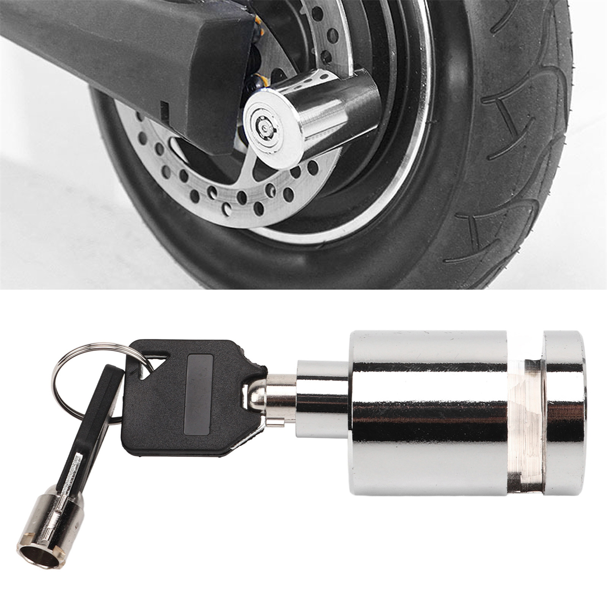 Verriegelungsmechanismus für ein Rollerrad und ein Schlüssel. Der Schlüssel ist in den Mechanismus eingesetzt.