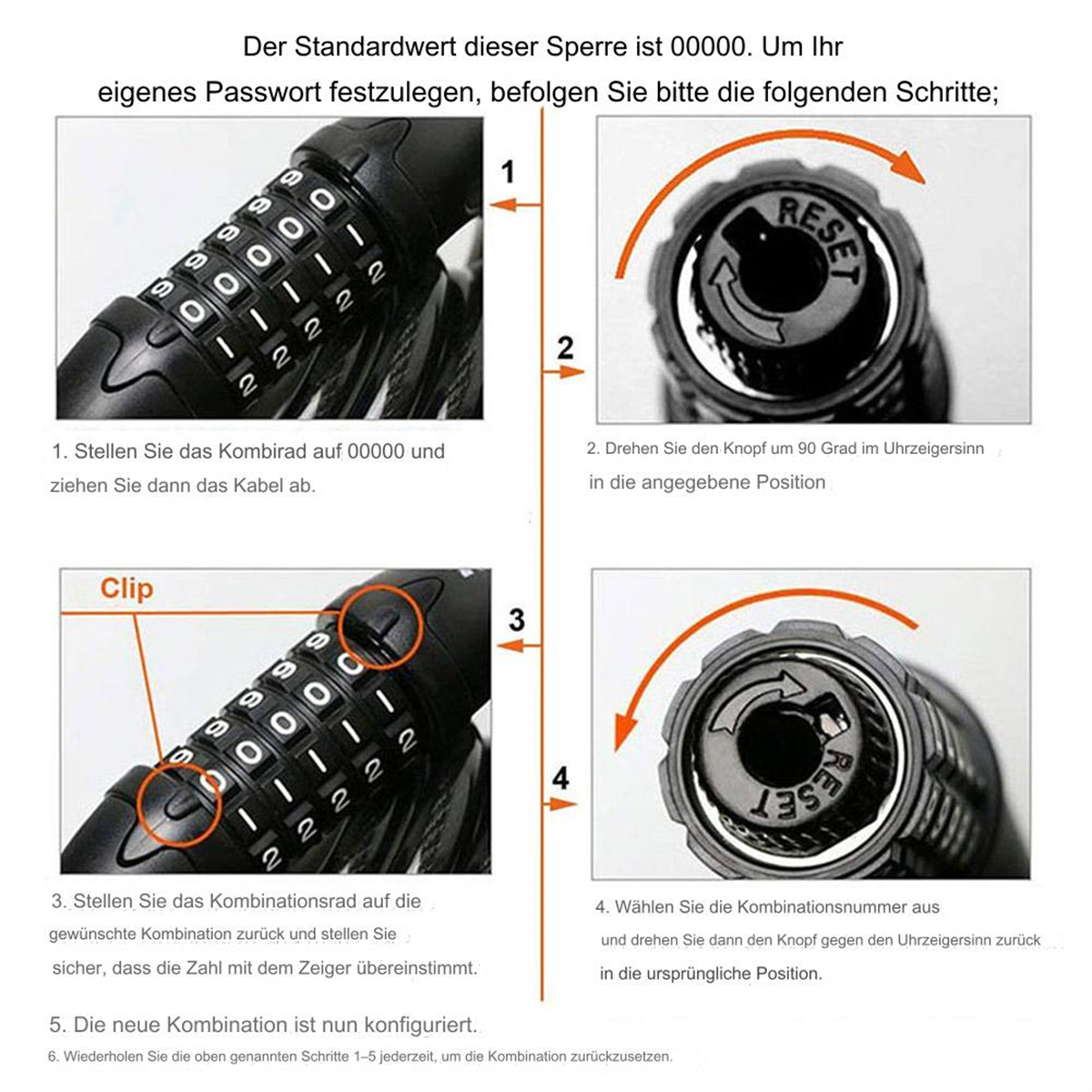 Anweisungen zum Einstellen eines Zahlenschlosses. Diagramme zeigen das Drehen von Ziffern und das Zurücksetzen des Schlosses.