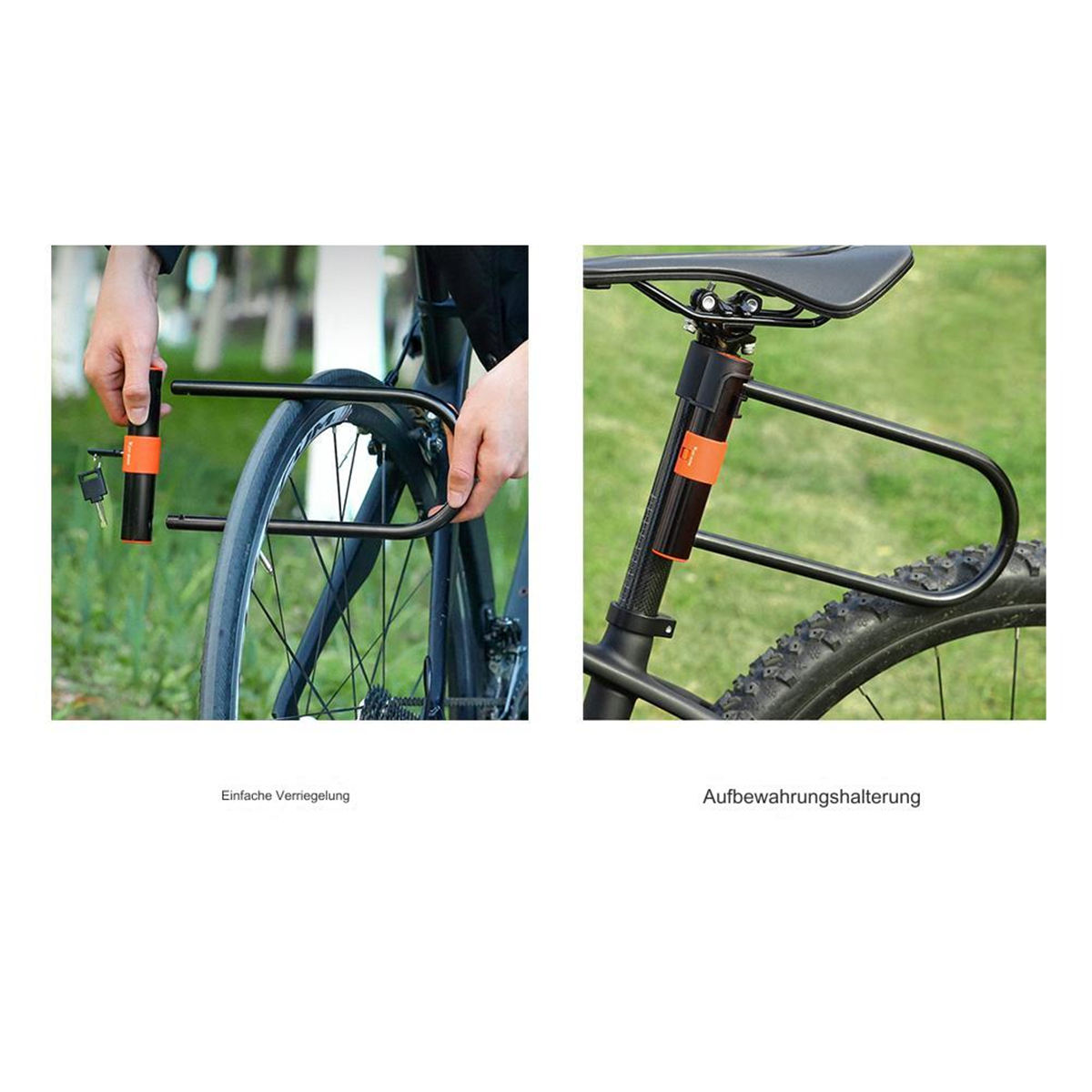 Zwei Bilder. Eine Person befestigt ein Fahrradschloss an einem Fahrradträger. Das Schloss ist am Hinterreifen.