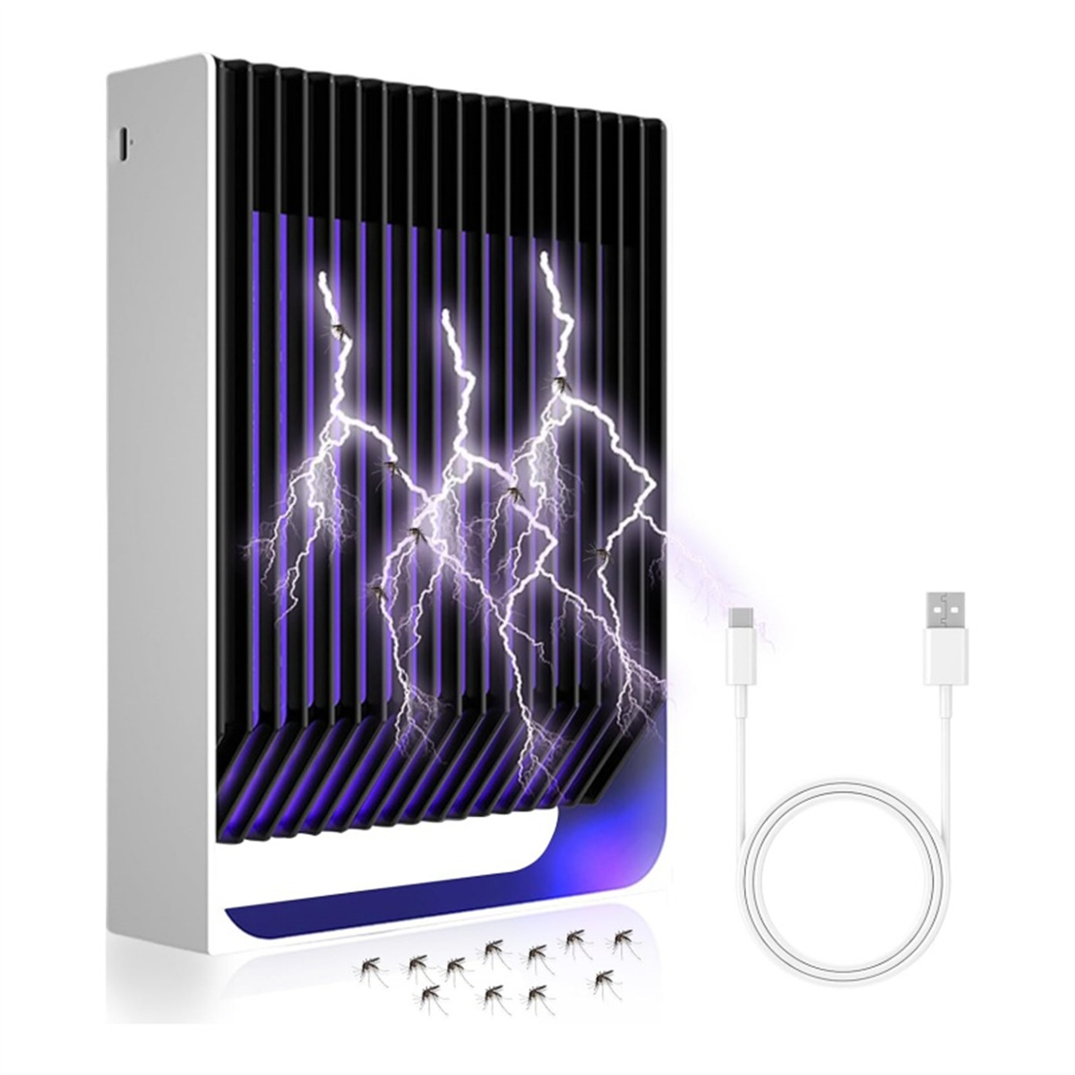Ein weißes Mückenvernichtungsgerät mit lila Licht und einem USB-Kabel. Einige tote Mücken sind auf dem Boden.