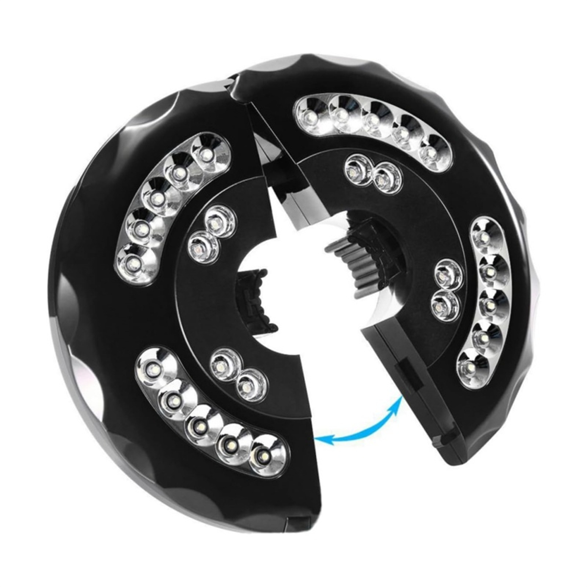 Schwarze Schirmleuchte mit LEDs, teilweise geöffnet. Pfeile zeigen Öffnungsrichtung.