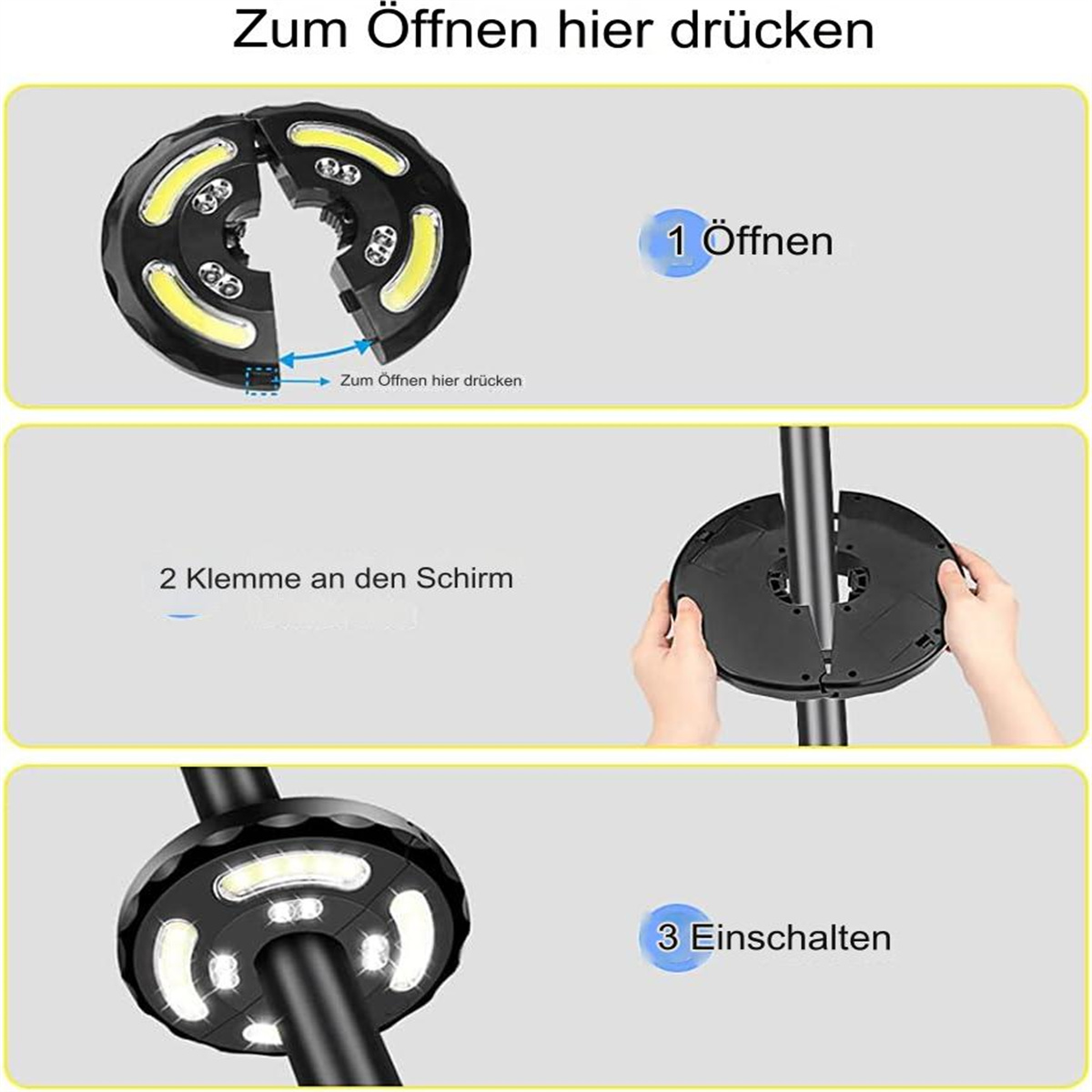 Anweisungen für ein Gerät mit LED-Leuchten, die Schritte zum Öffnen und Einschalten zeigen.