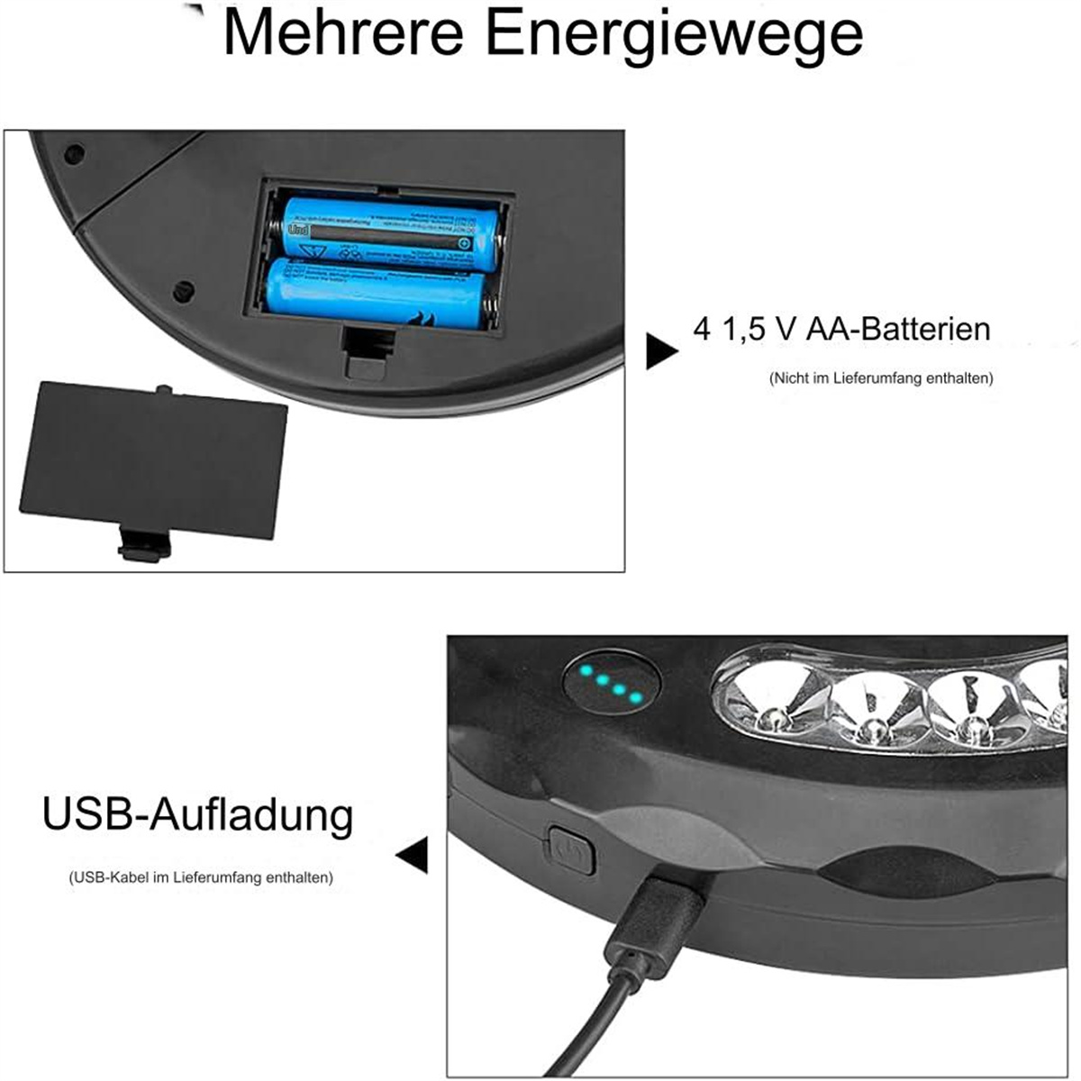 Zwei Bilder, die ein Gerät detailliert darstellen. Eines zeigt Batterien, das andere einen USB-Anschluss und Lichter.