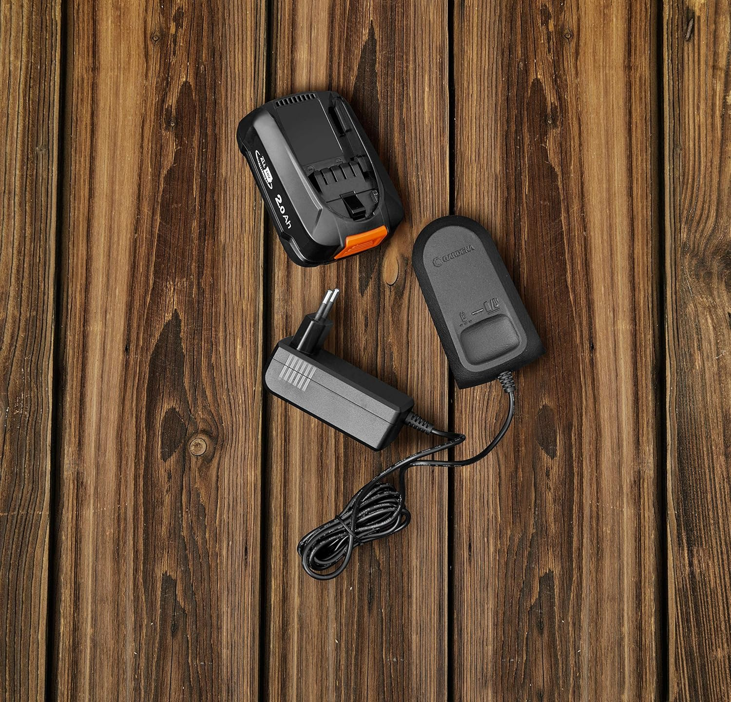 Drei Gegenstände: ein Akku, ein Ladegerät und ein Adapter, alle auf einer Holzoberfläche.