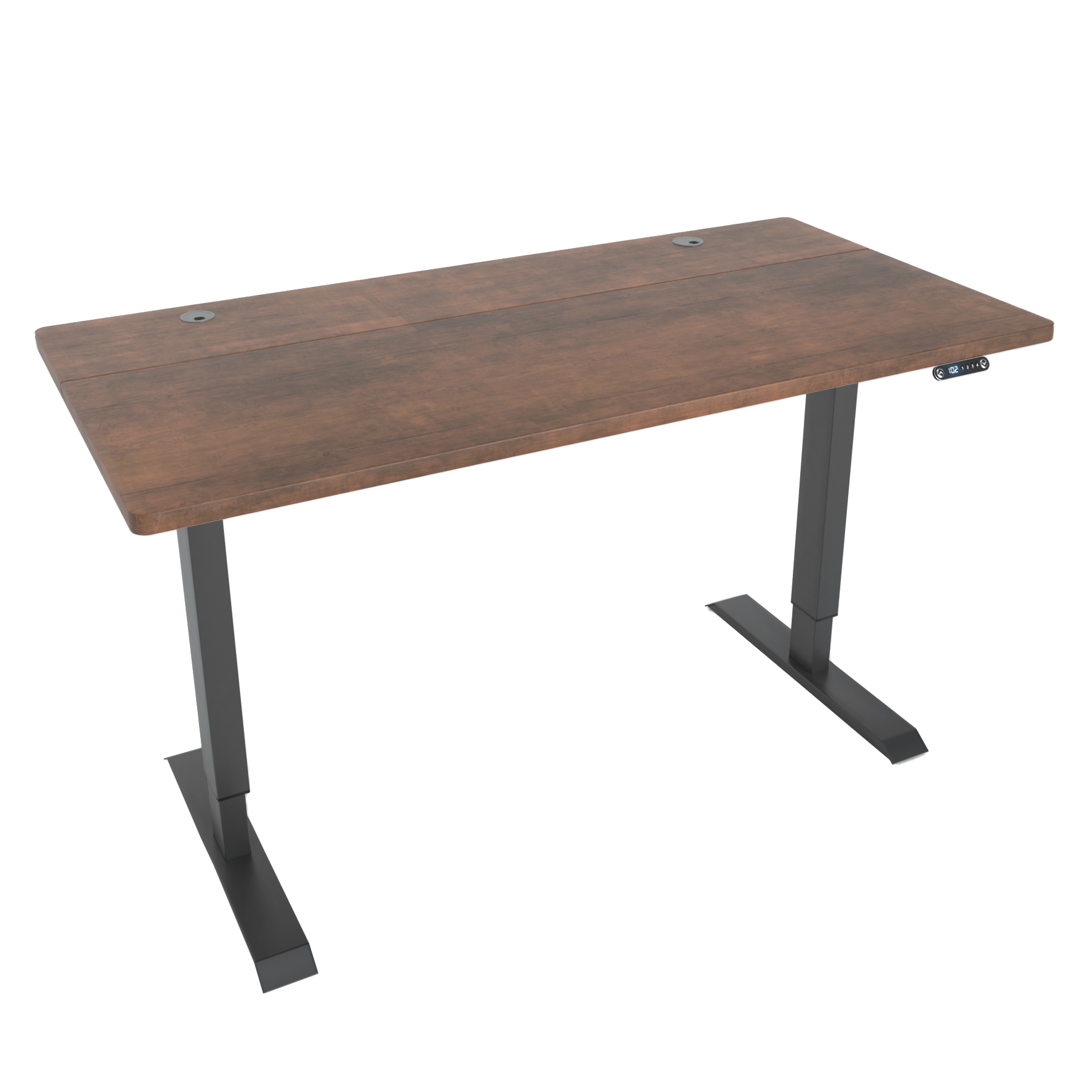 Holzschreibtisch mit schwarzen Beinen. Er hat zwei Kabellöcher und Bedienknöpfe.