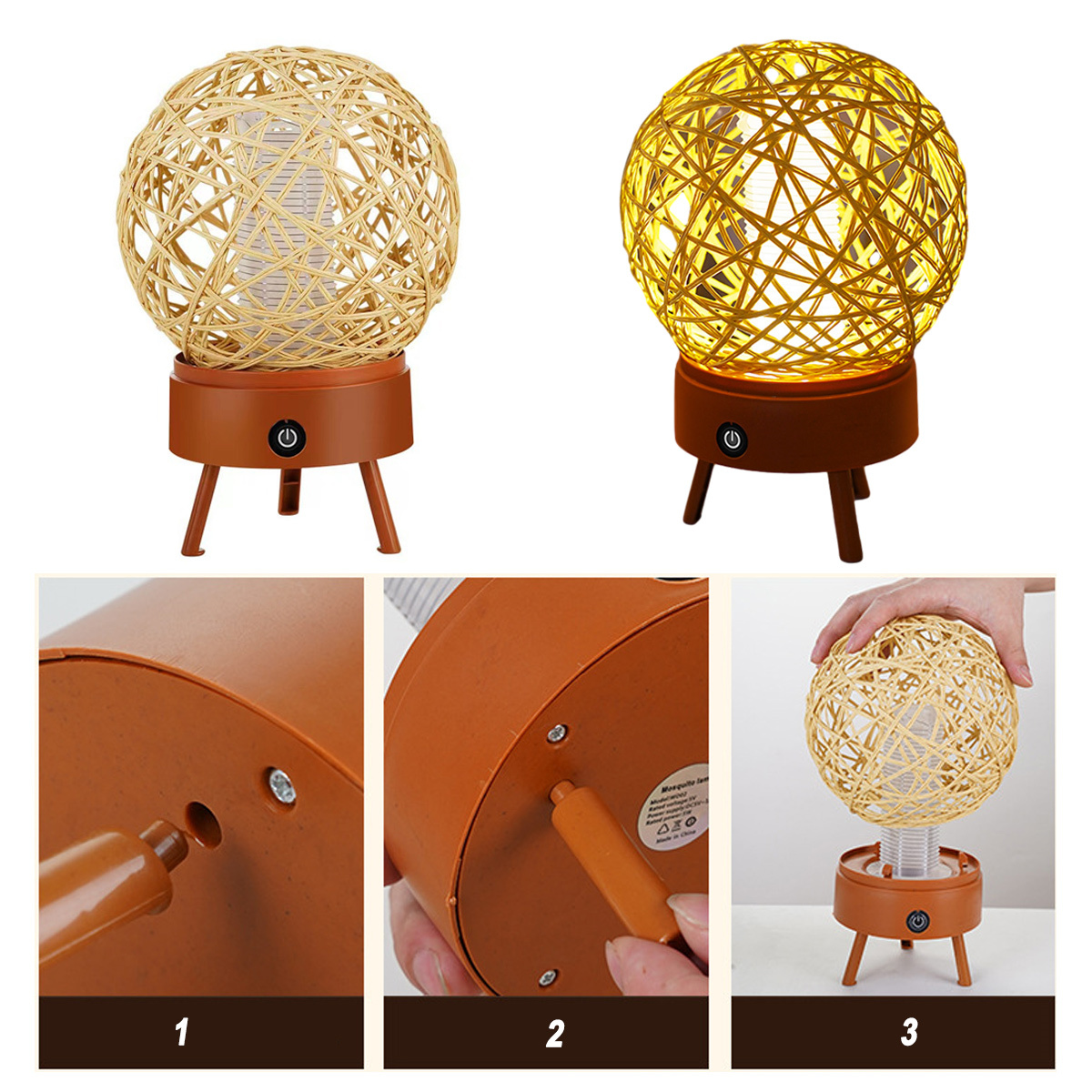 Dreibeinige Leuchte mit einer Kugel im Rattan-Stil. Ein- und ausgeschaltet, mit Nahaufnahmen des Sockels.