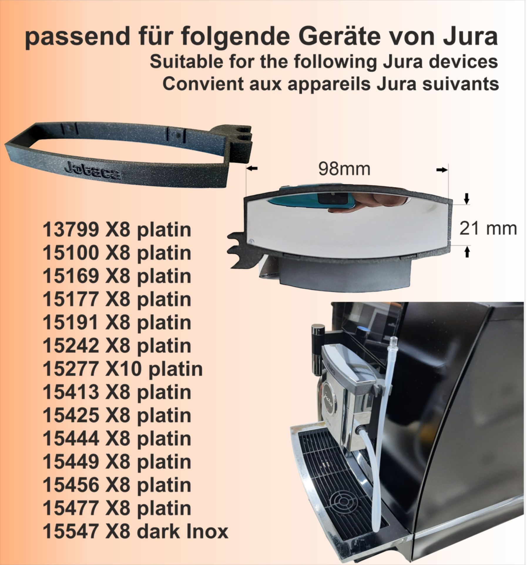 Bild mit Jura-Kaffeemaschinenteilen, Text auf Deutsch zur Kompatibilität und Maßen.