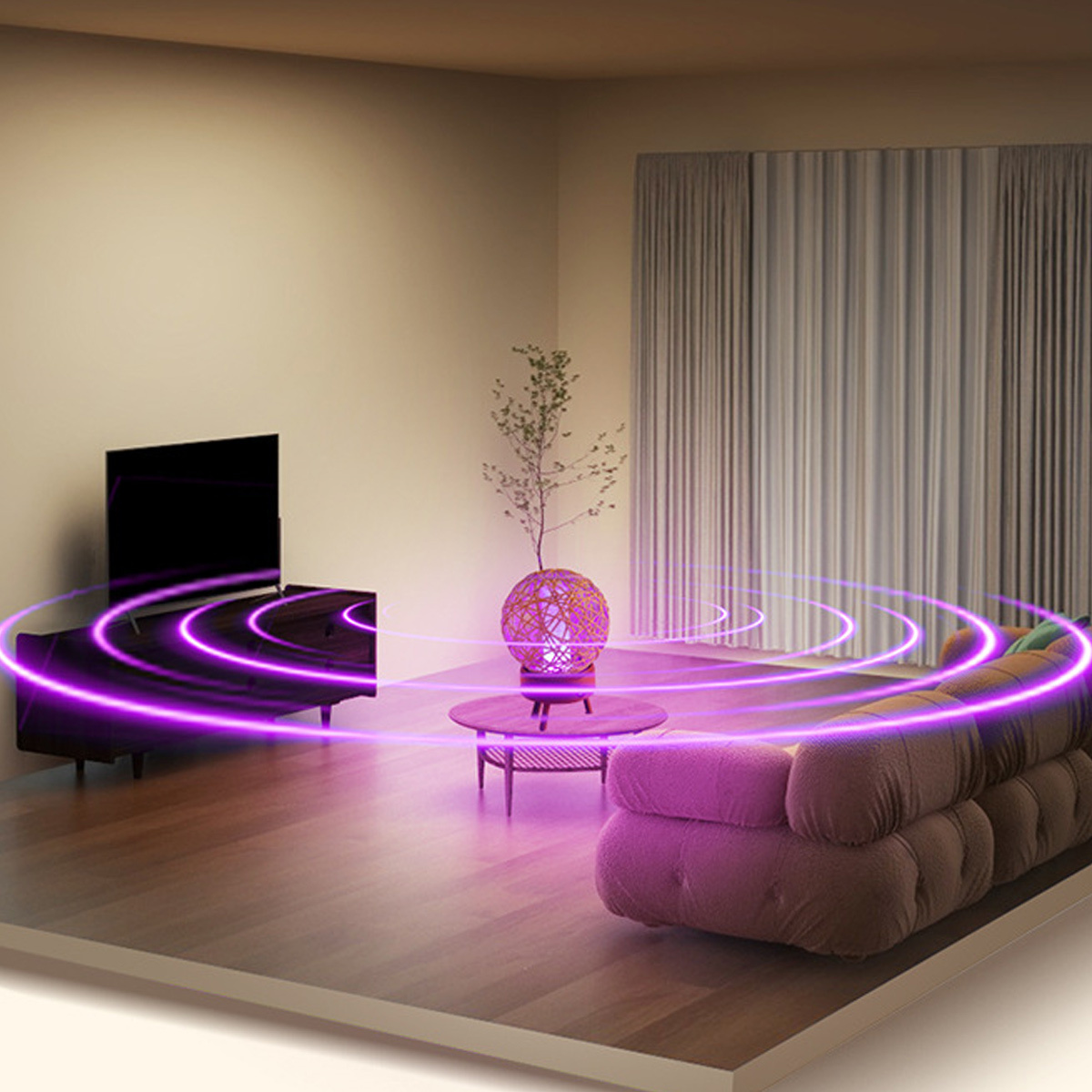 Ein Wohnzimmer mit einem lila Leuchteffekt von einer Lampe und einem Fernseher.