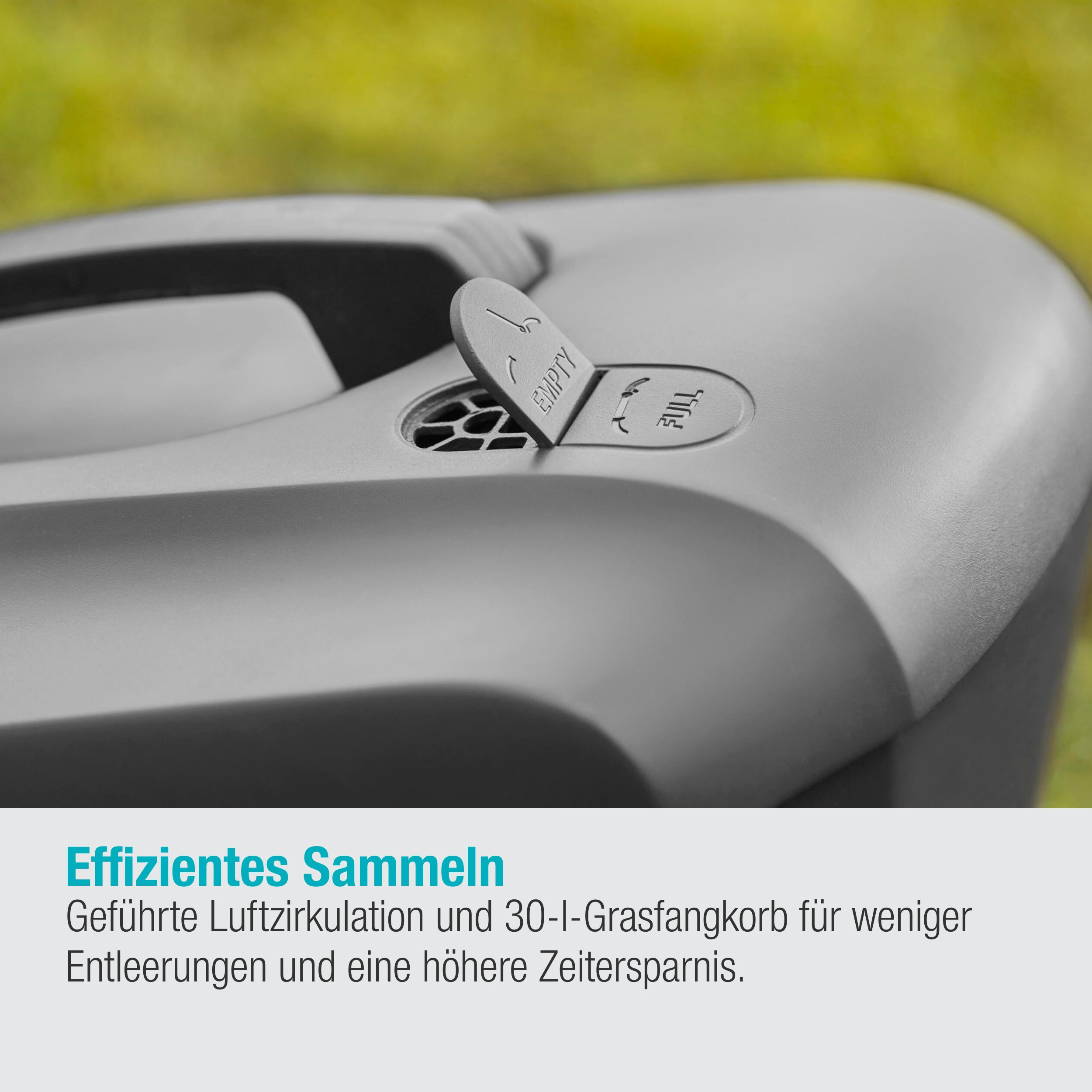 Nahaufnahme eines grauen Behälters mit offenem Deckel mit Aufschrift "EMPTY" und "FULL".