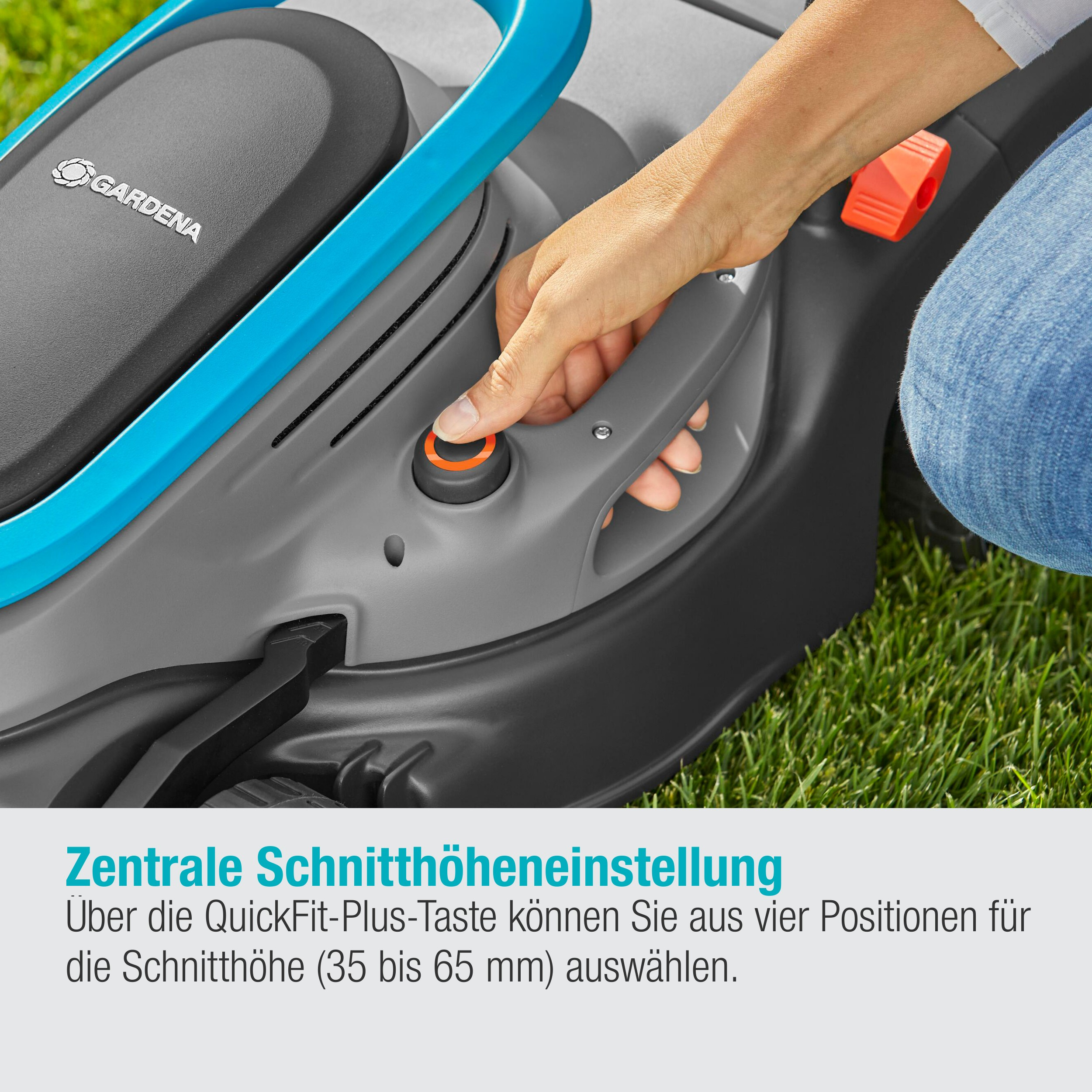 Rasenmäher mit Hand, die einen Knopf drückt, Text über Schnitthöheneinstellungen.