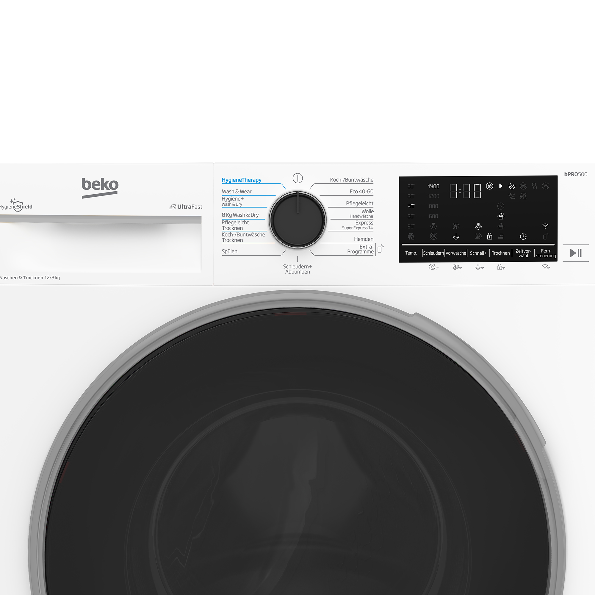 Eine weiße Waschmaschine mit Bedienfeld und dunkler Tür.