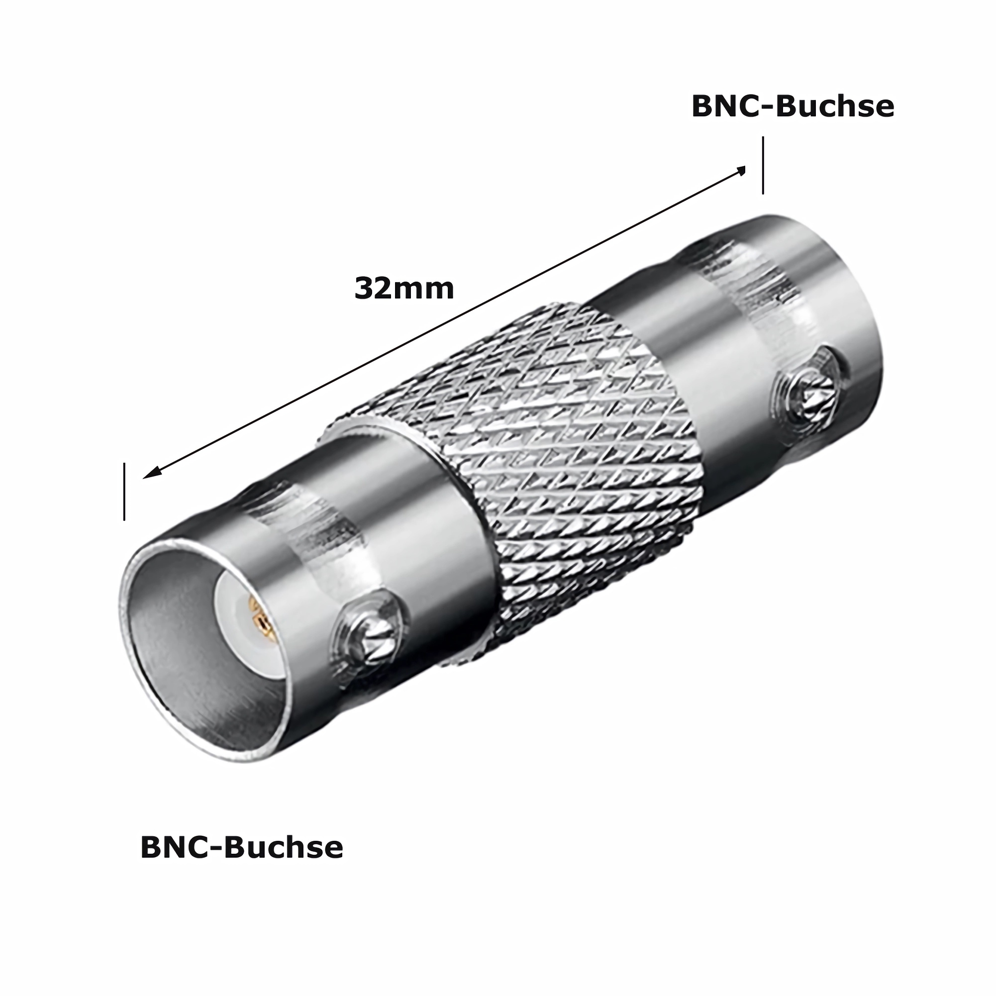 Ein silberner BNC-Stecker mit Beschriftungen, die BNC-Buchse und 32 mm anzeigen.