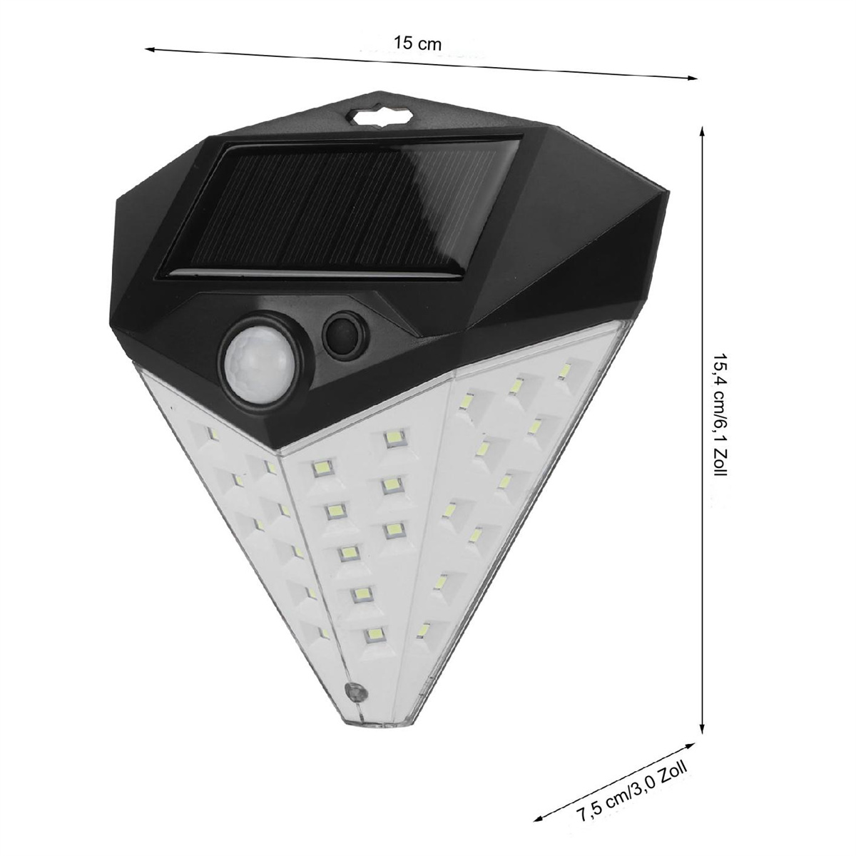 Ein schwarzes Solarlicht mit Abmessungen wird gezeigt. Es hat ein Solarpanel und einen Bewegungssensor.