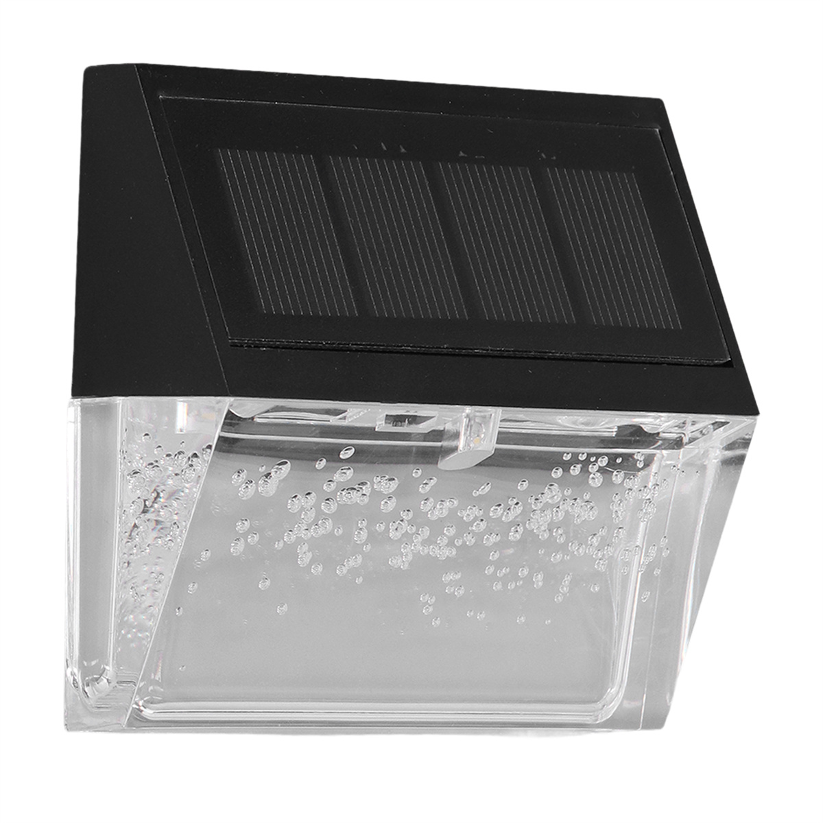 Eine schwarze, solarbetriebene Außenleuchte mit klarer Front.