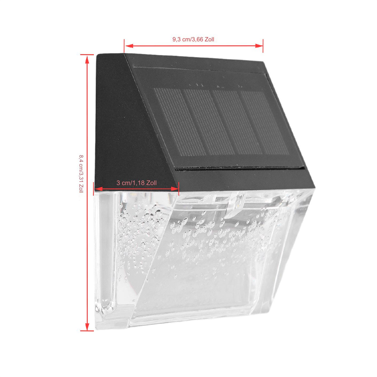 Solarbetriebene Außenleuchte. Die Lampe ist schwarz und hat die Abmessungen 8,4 cm x 9,3 cm x 3 cm.