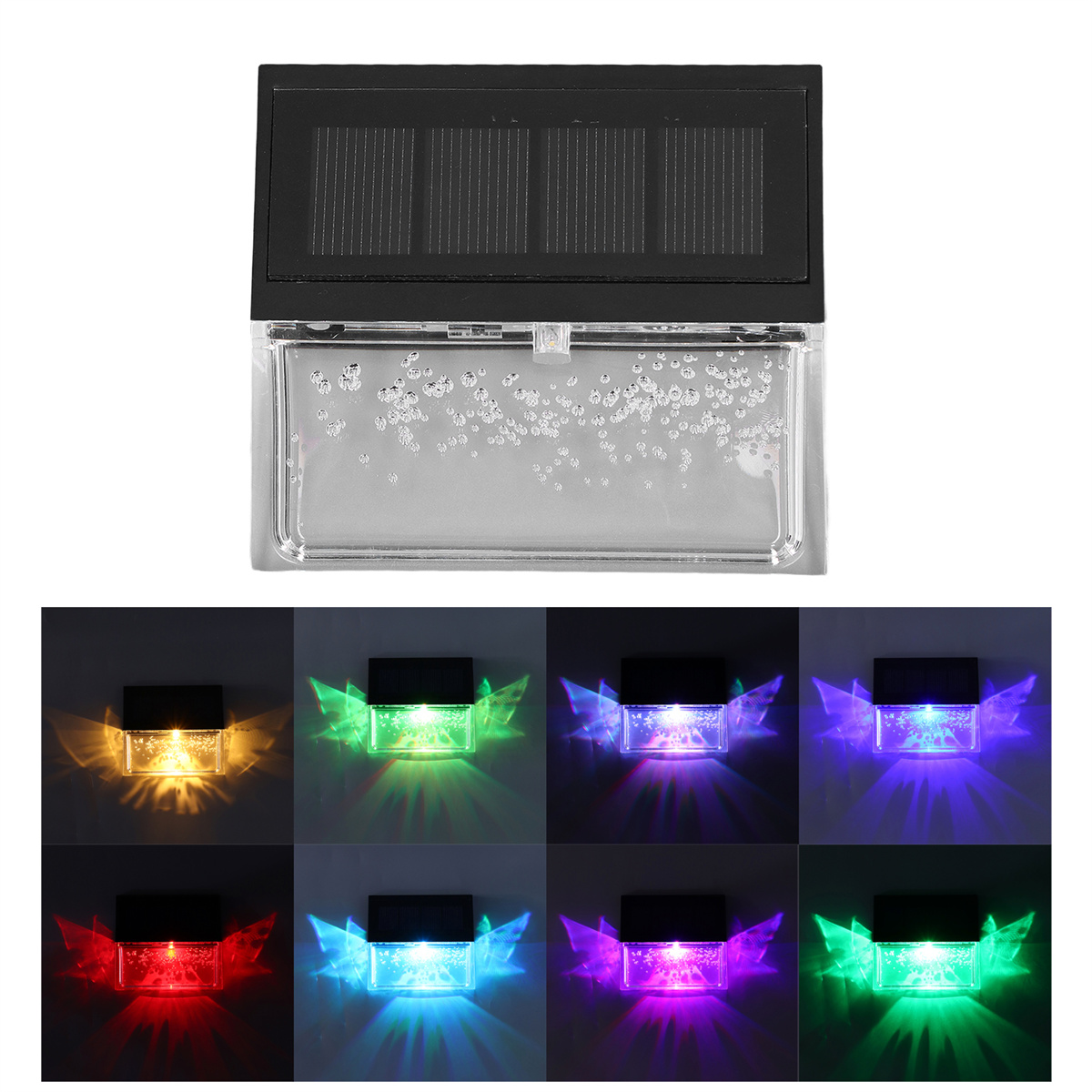 Solarbetriebene Lichter. Es werden mehrere Lichter gezeigt, die Farben wie Gelb, Grün, Blau, Lila und Rot anzeigen.