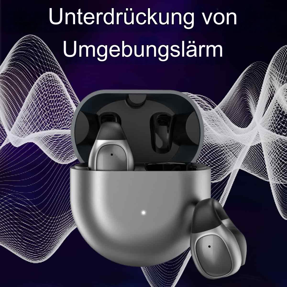 Ohrhörer im Ladekoffer, Wellen im Hintergrund. Text: Unterdrückung von Umgebungslärm.