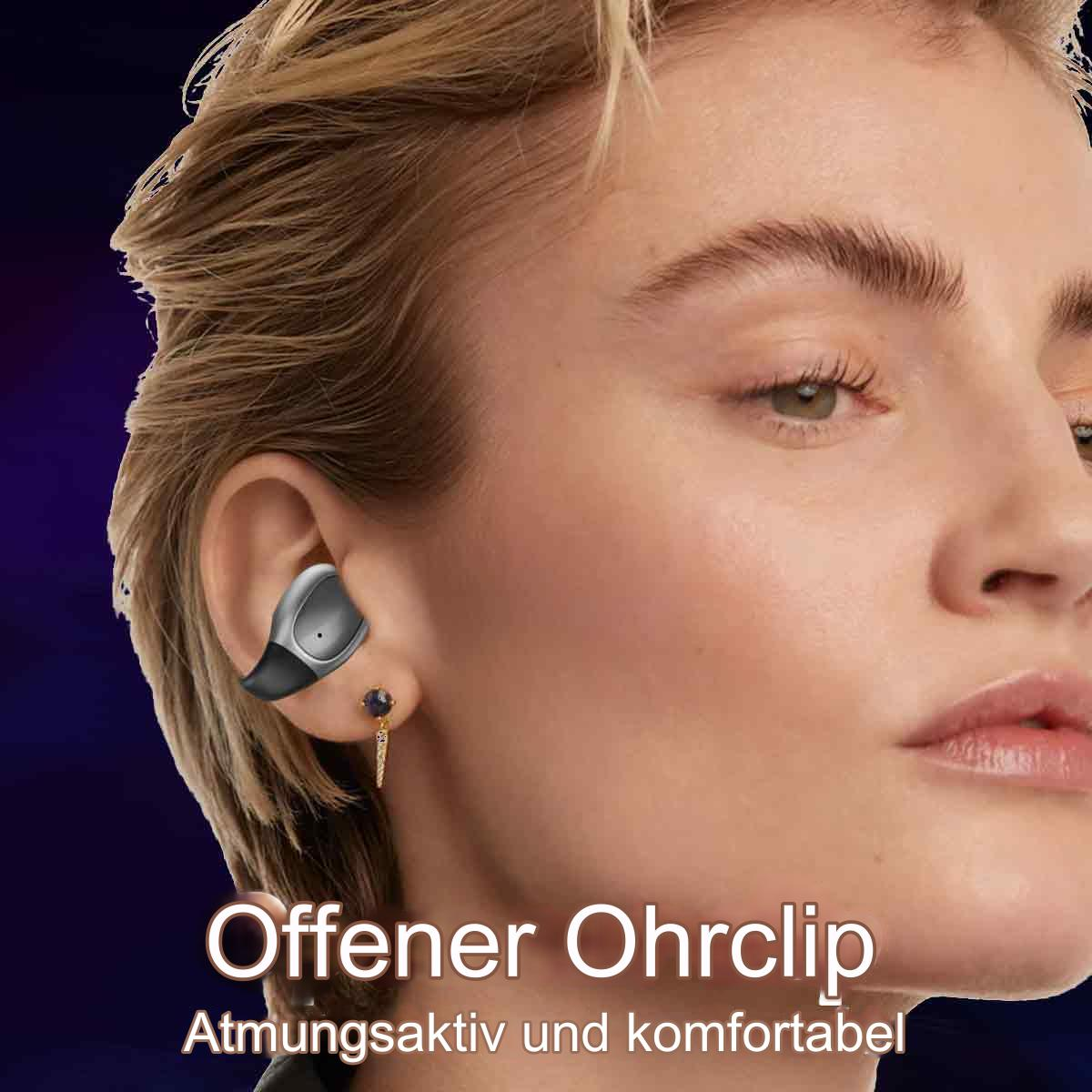 Blonde Frau mit Ohrhörer. Der Ohrhörer ist schwarz und grau. Text lautet 'Offener Ohrclip'.