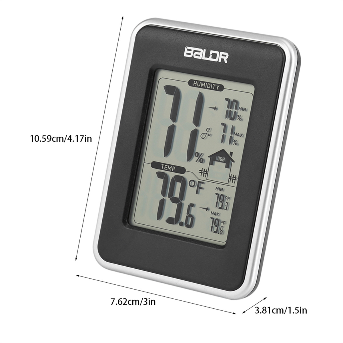 Schwarzes digitales Thermometer mit Feuchtigkeits- und Temperaturanzeigen, mit Maßangaben.