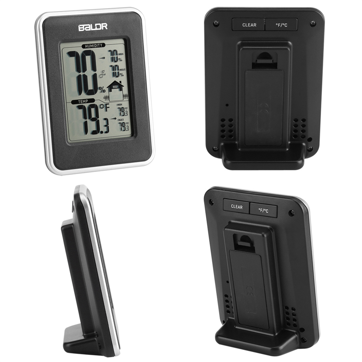 Ein schwarzes digitales Thermometer mit schwarzem Rahmen. Es zeigt Feuchtigkeit, Temperatur und hat Knöpfe hinten.