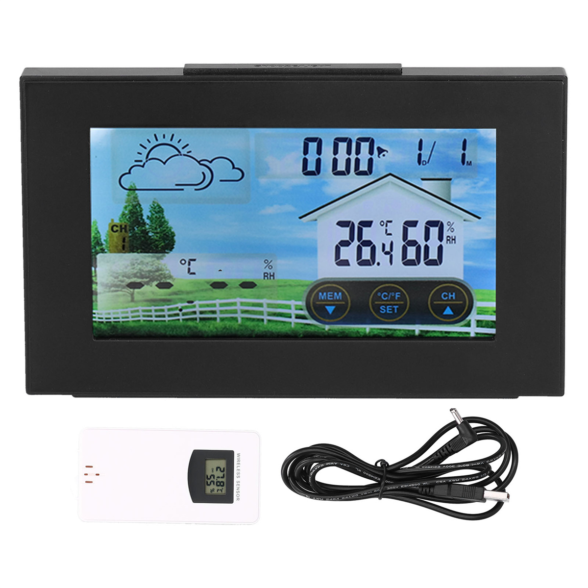 Eine schwarze Wetterstation mit Digitalanzeige, die Wetterdaten anzeigt, und ein drahtloser Sensor.