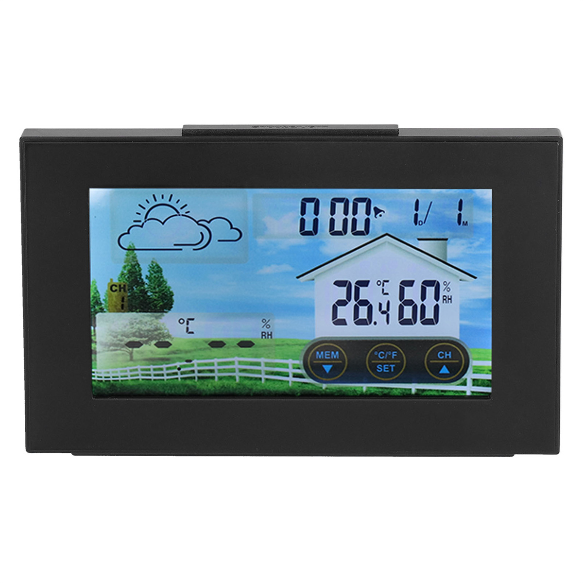 Eine schwarze Wetterstation, die das Wetter mit Temperatur- und Feuchtigkeitsdaten anzeigt.