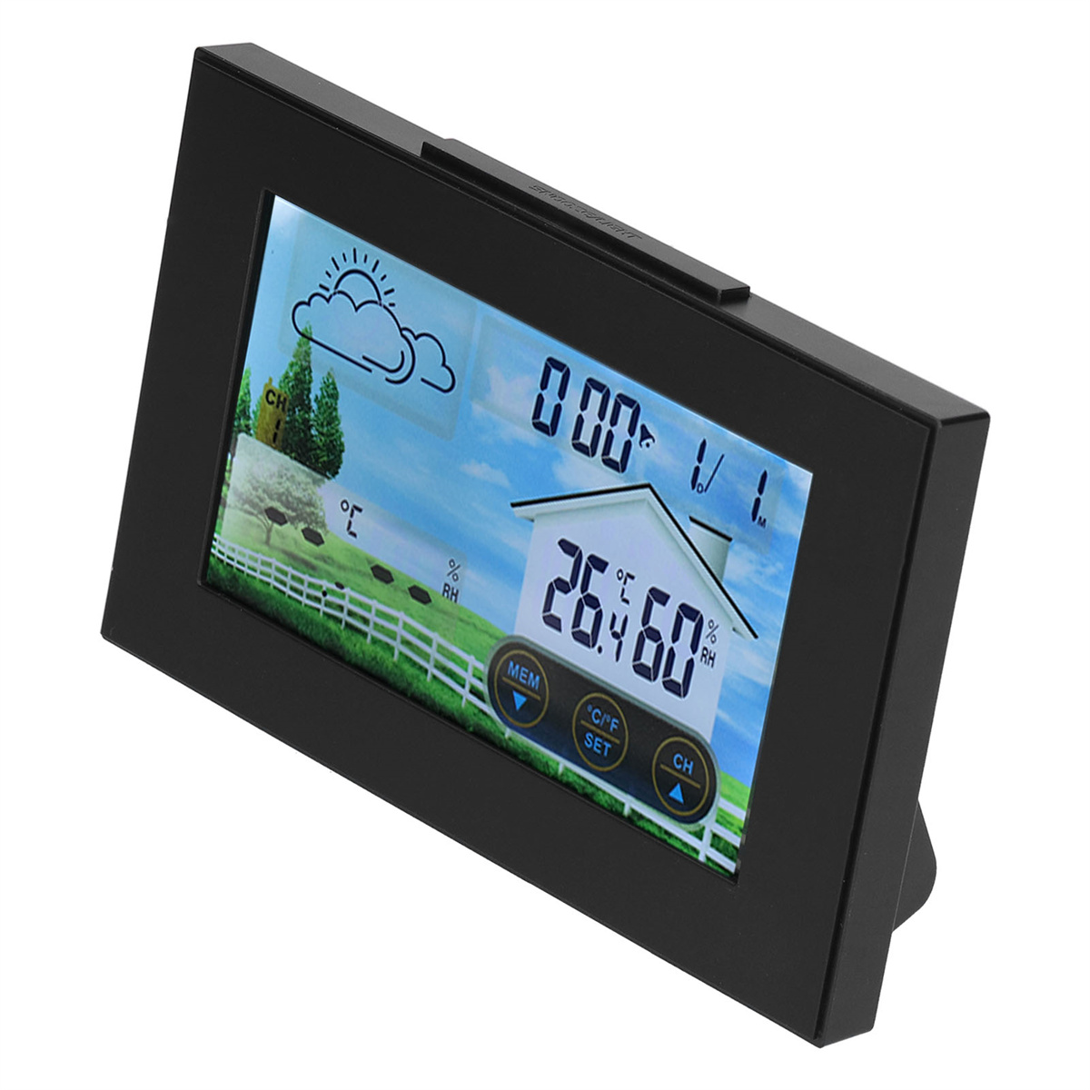 Schwarze Wetterstation zeigt Wolken, Haus, Temperatur und Luftfeuchtigkeit. Es hat einen schwarzen Rahmen und Knöpfe.