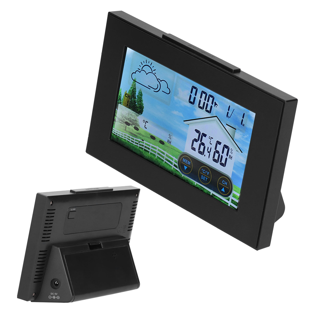 Schwarze digitale Wetterstation mit Zeit, Wettersymbolen, Temperatur und Luftfeuchtigkeit.