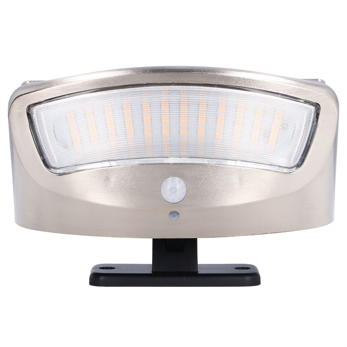 Silberner Bewegungssensor-Licht mit LEDs. Schwarzer Sockel und weiße Linse.