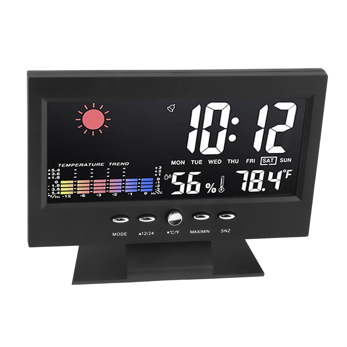 Schwarze Digitaluhr mit schwarzem Sockel, zeigt Zeit- und Wetterdetails an.