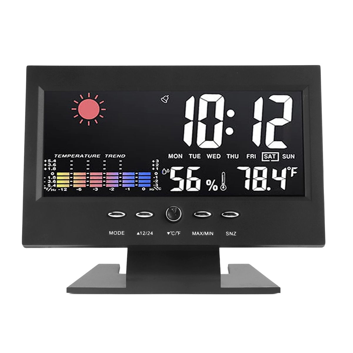 Eine Digitaluhr mit Zeit, Datum, Temperatur und Luftfeuchtigkeit. Schwarzer Rahmen.