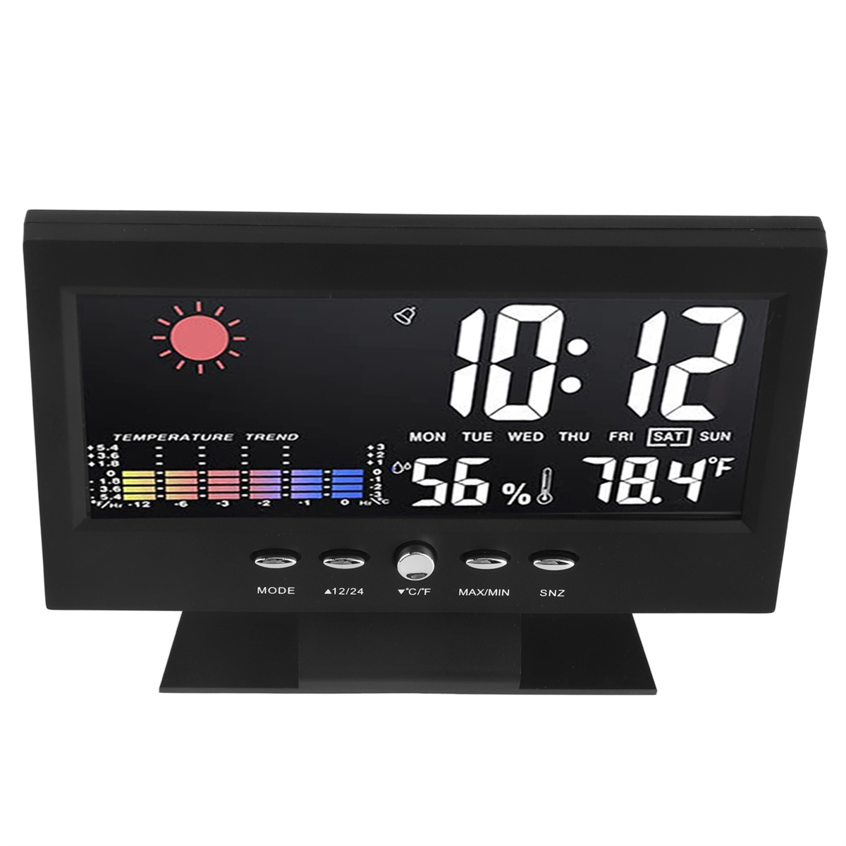 Schwarze Digitaluhr. Zeigt Zeit, Datum, Temperatur und Luftfeuchtigkeit an. Schwarzer Ständer. Weißer Hintergrund.