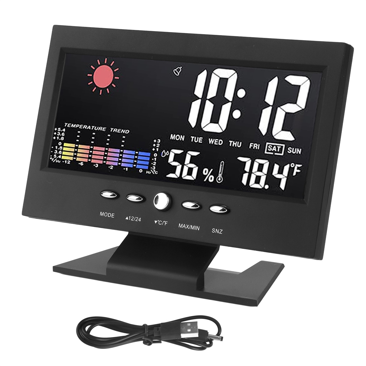 Digitale Wetterstation mit Anzeige von Zeit, Temperatur, Luftfeuchtigkeit und Wettertrends.