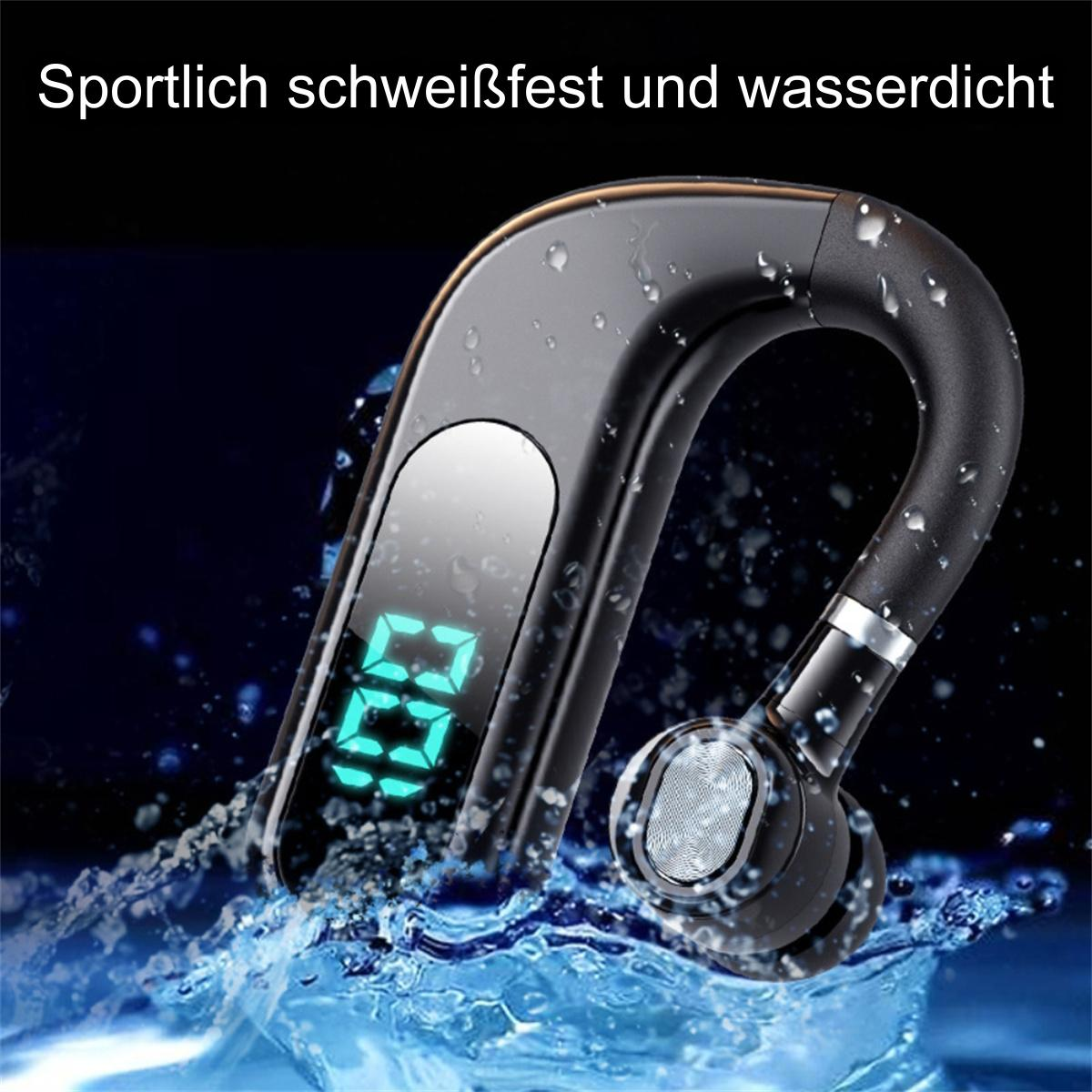 Schwarzes, wasserdichtes Bluetooth-Headset mit digitaler Anzeige. Wassertröpfchen sind sichtbar.