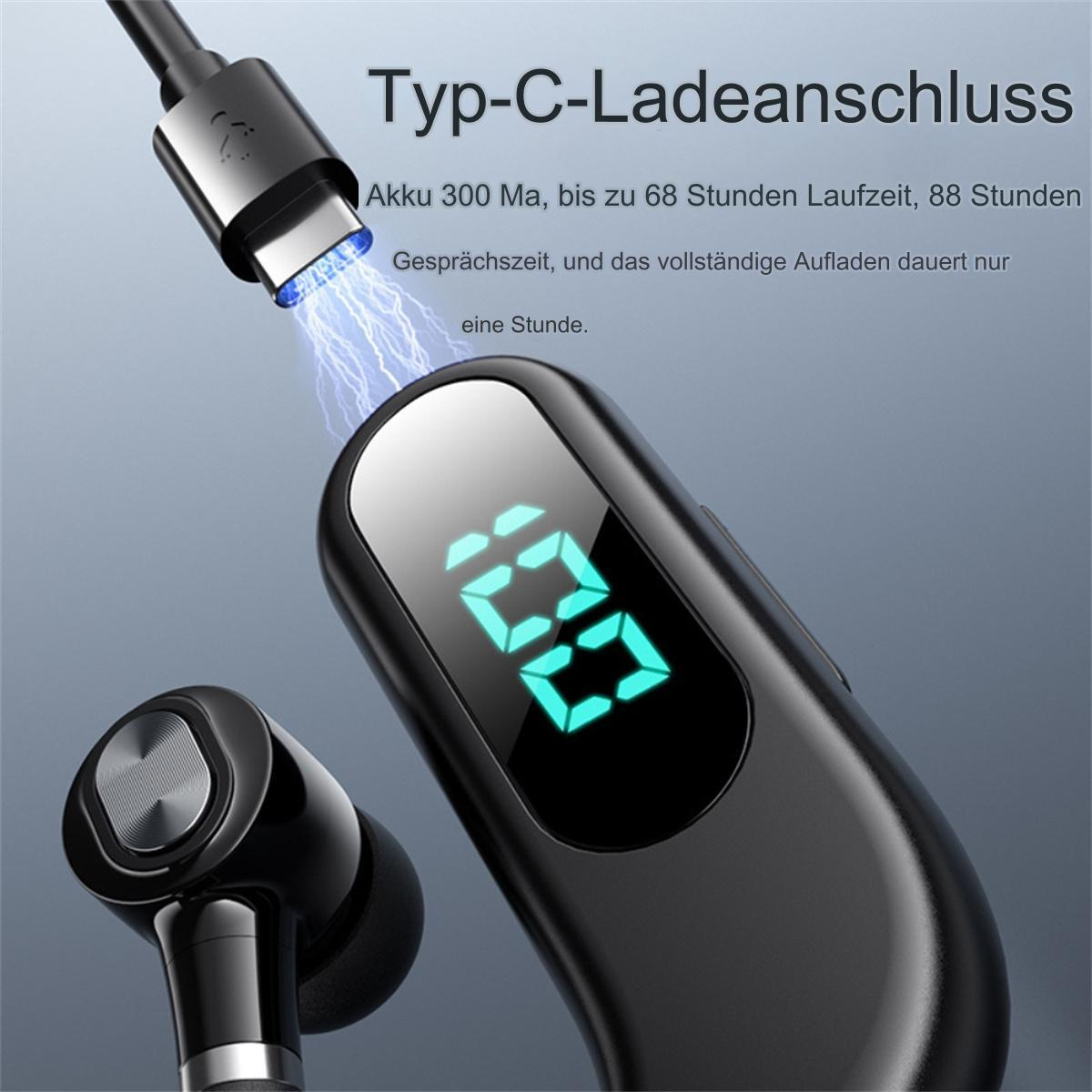 Schwarzer Ohrhörer, Ladekabel und Nahaufnahme des Ohrhörerladegeräts mit Prozentanzeige.