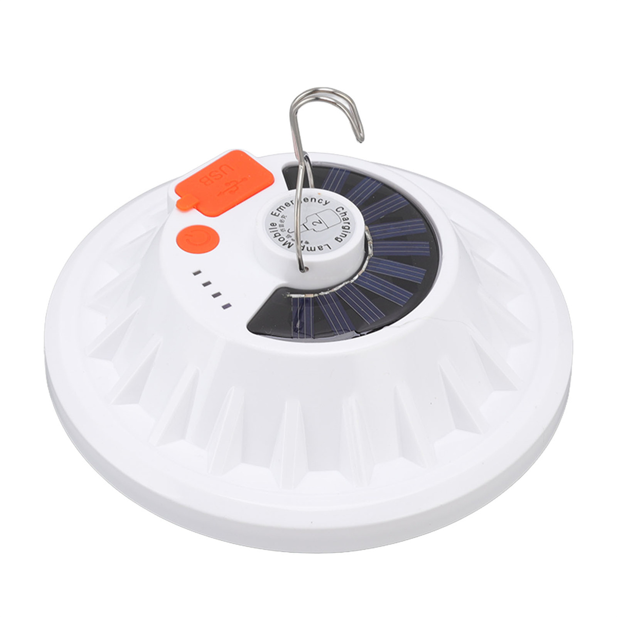 Weiße und schwarze solarbetriebene Campinglampe mit Haken. Weißer Hintergrund.