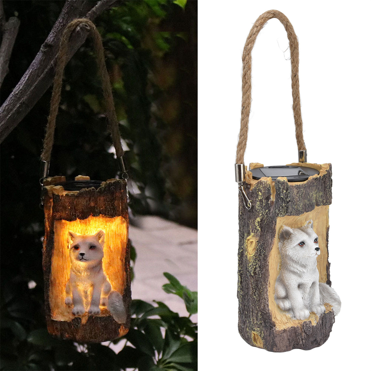 Eine Solar-Laterne in Holzoptik mit Seilgriff. Sie hat eine weiße Fuchsfigur im Inneren.