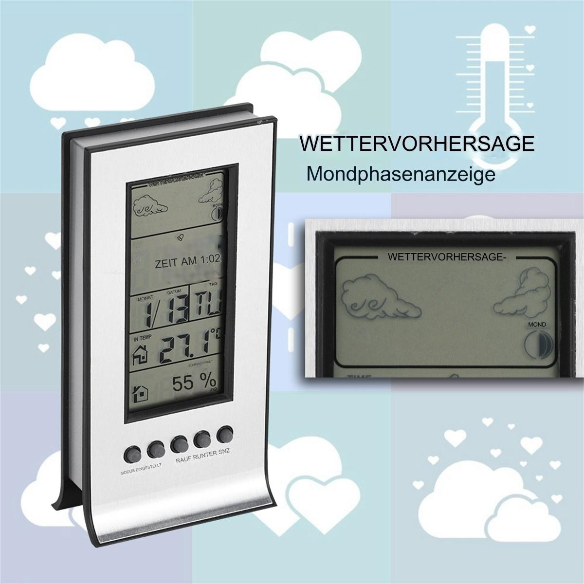 Eine Wetterstation zeigt Zeit und Vorhersage. Herzen und Wolken im Hintergrund.