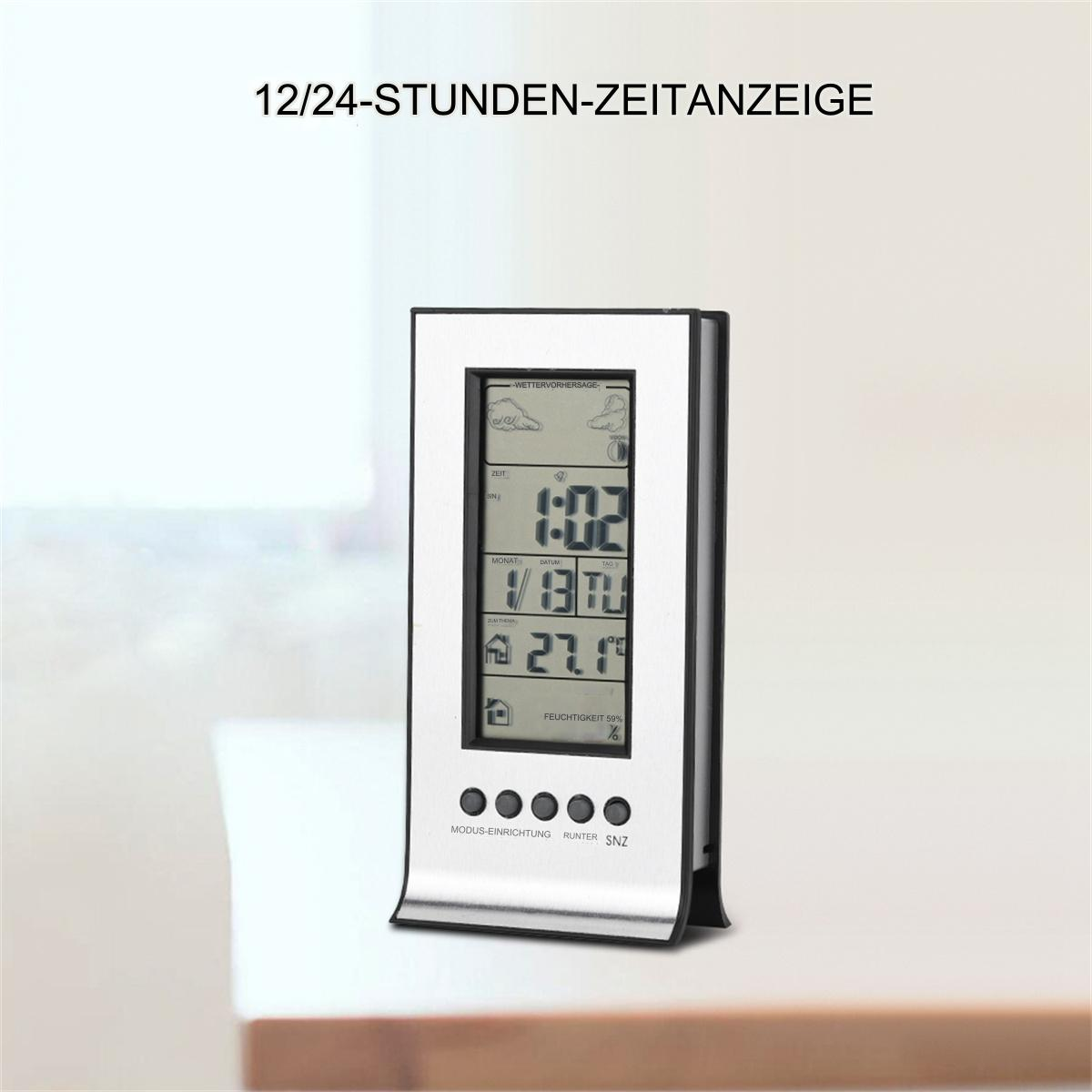 Eine Digitaluhr, die Zeit und Temperatur auf einer weißen Oberfläche anzeigt.