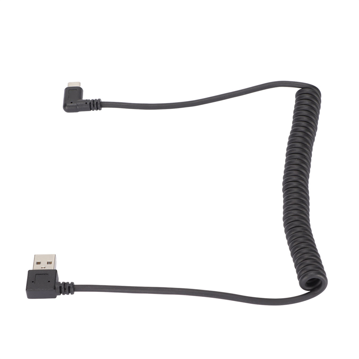 Schwarzes USB-C-Spiralkabel mit Anschlüssen an jedem Ende.