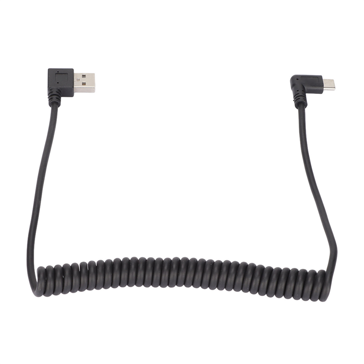Ein schwarzes, gewendeltes USB-Kabel mit einem USB-Anschluss an einem Ende und einem abgewinkelten USB-C am anderen.