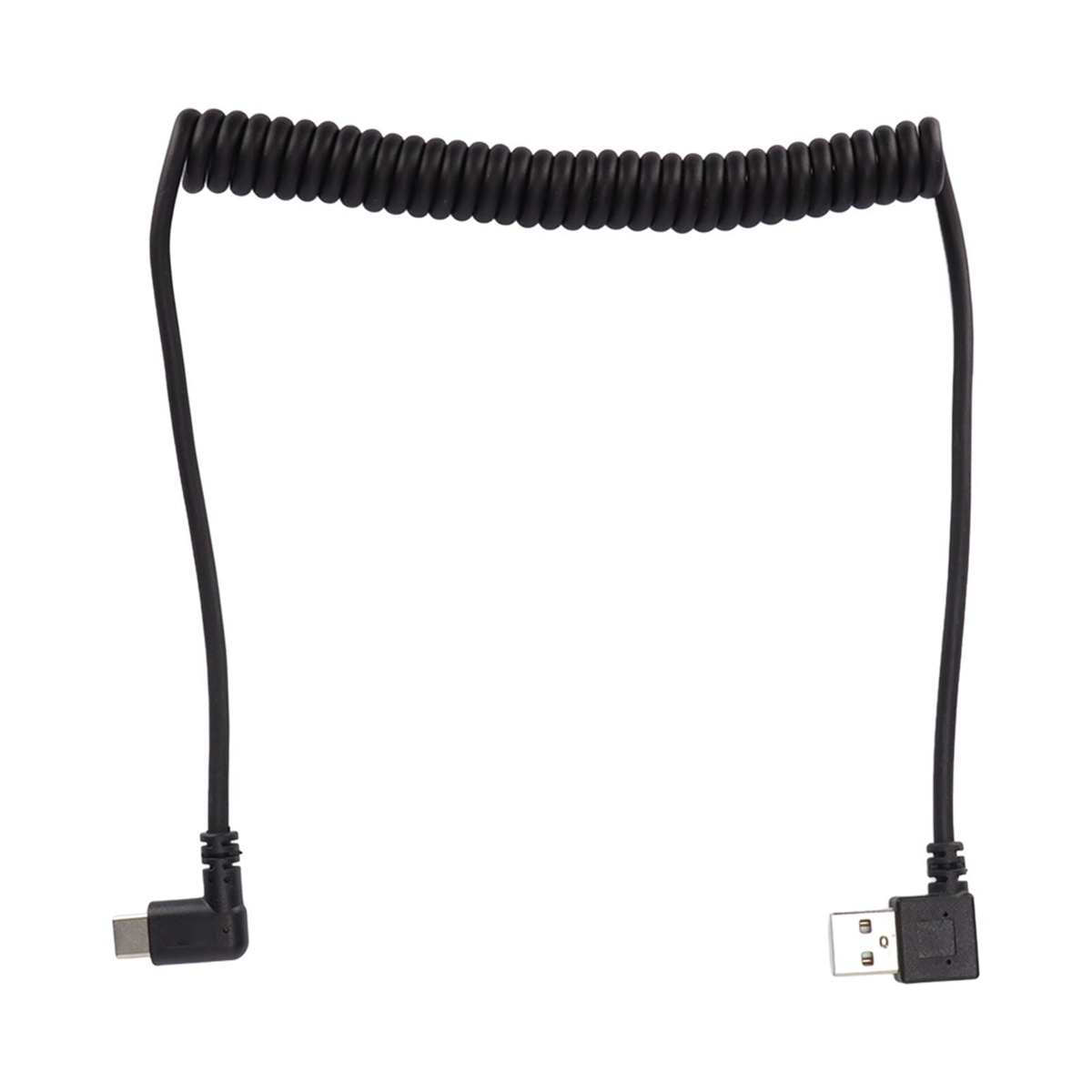 Schwarzes Spiralkabel mit Steckern an beiden Enden. Einer ist USB-C, der andere USB-A.