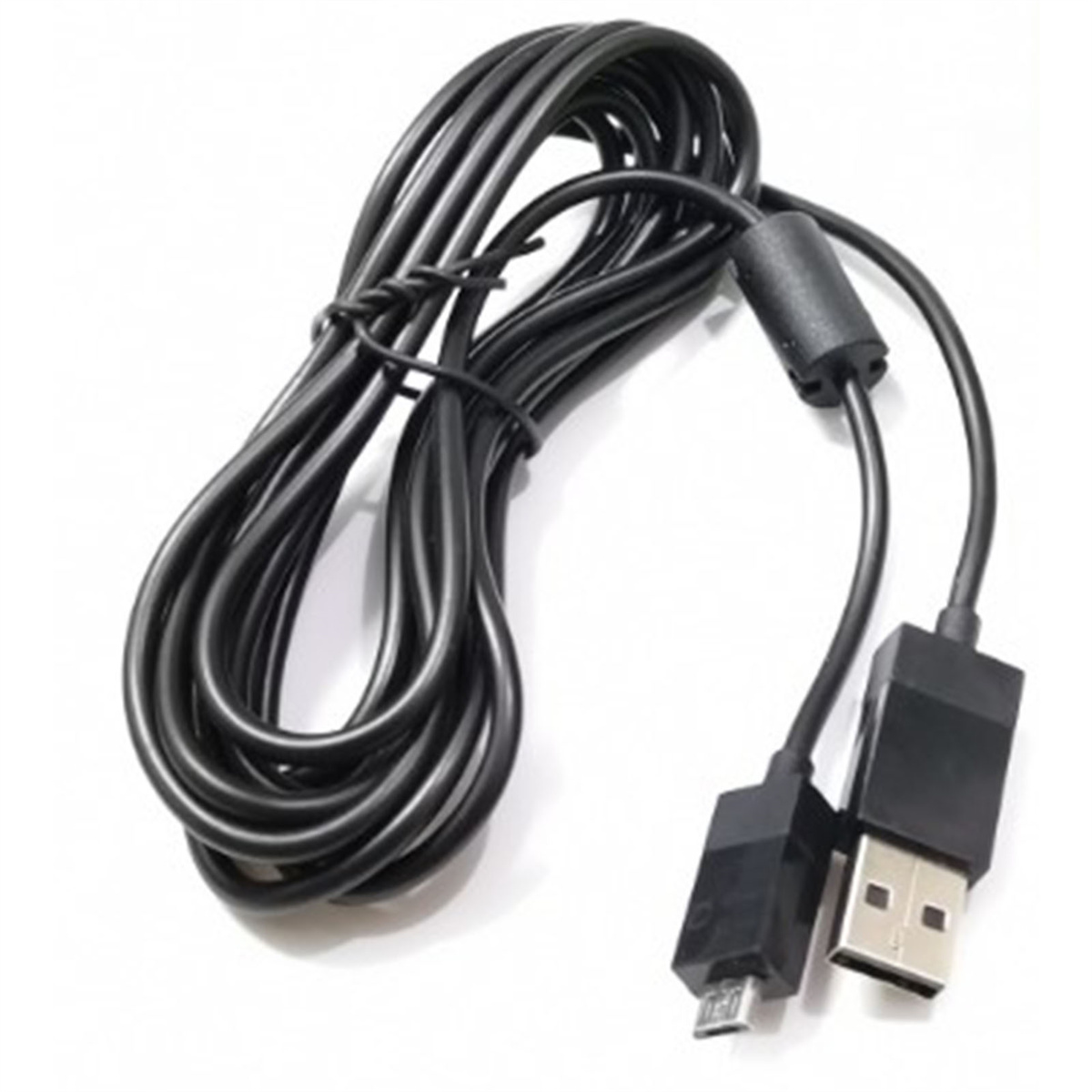 Schwarzes USB-Kabel mit zwei verschiedenen Anschlüssen. Es ist aufgerollt, mit Micro-USB und USB-A.
